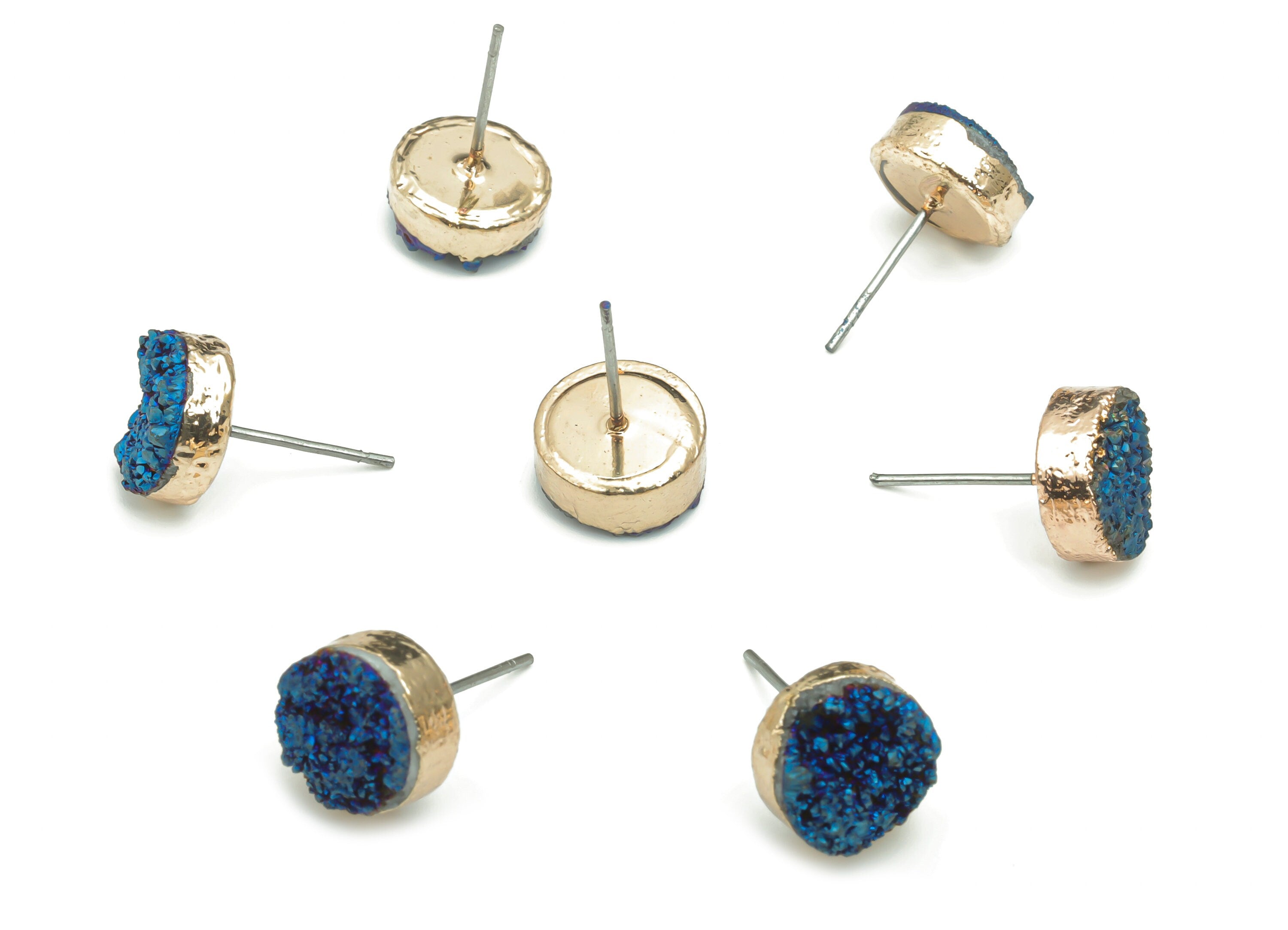 Blue Druzy Aura Quartz Natural Stone Stud - Brass Round Post - Gold Tone Plated Brass – Stainless Steel Stud - 10.14x10.14x5.89mm – NS1629A - DOMEDBAZAAR