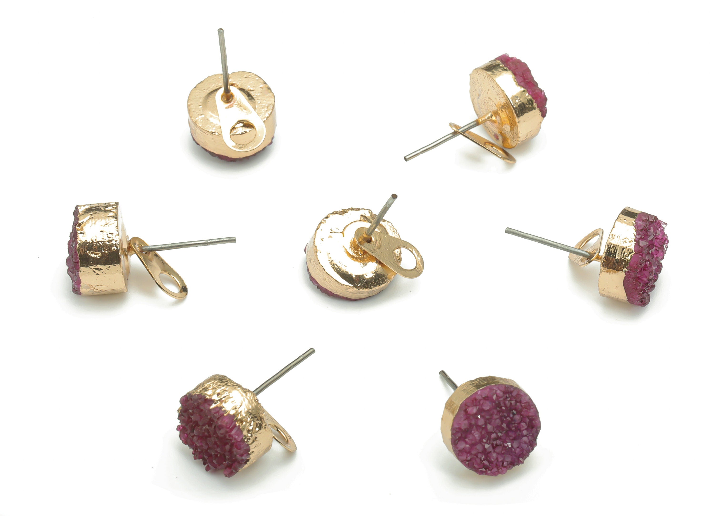 Purple Druzy Aura Quartz Natural Stone Stud - Brass Round Post - Gold Tone Plated Brass – Stainless Steel Stud - 10.14x10.14x5.89mm– NS1629B - DOMEDBAZAAR