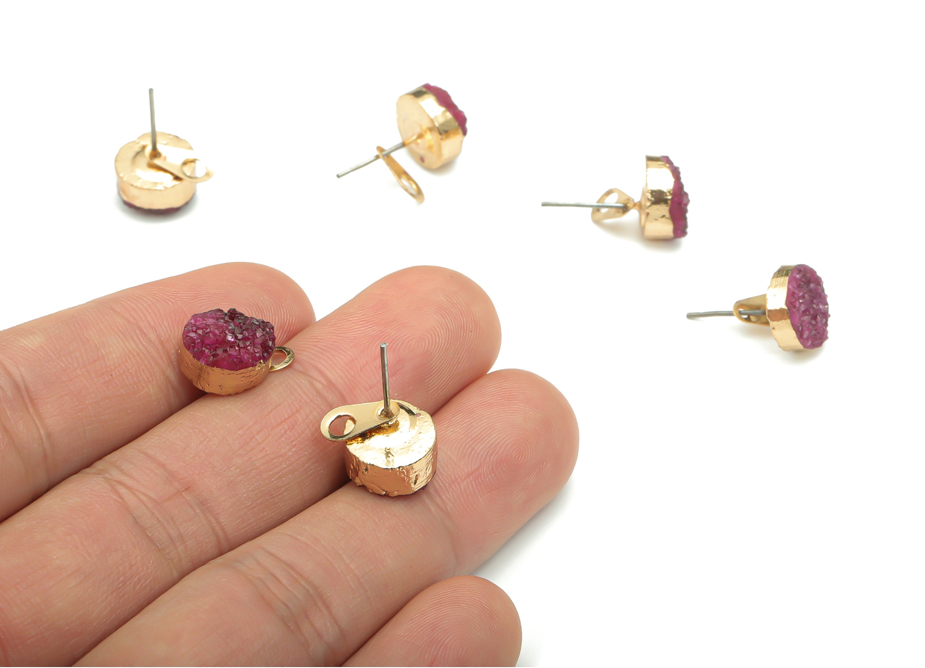 Purple Druzy Aura Quartz Natural Stone Stud - Brass Round Post - Gold Tone Plated Brass – Stainless Steel Stud - 10.14x10.14x5.89mm– NS1629B - DOMEDBAZAAR