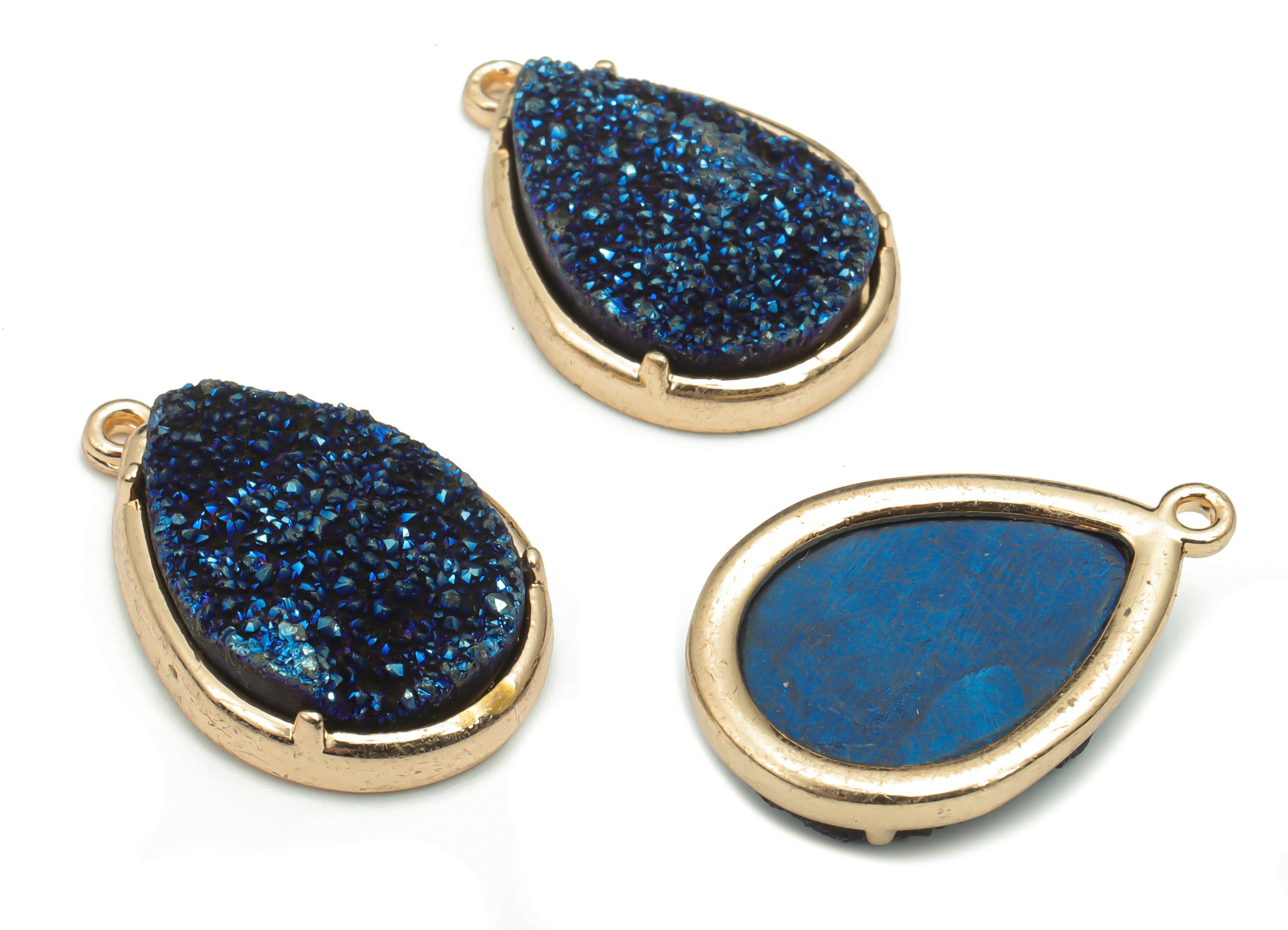 Blue Druzy Aura Quartz Natural Stone Charms - Brass Teardrop Pendant - Gold Tone Plated Brass – Jewelry Supplies - 25.85x17.4x6.6mm – NS1632 - DOMEDBAZAAR
