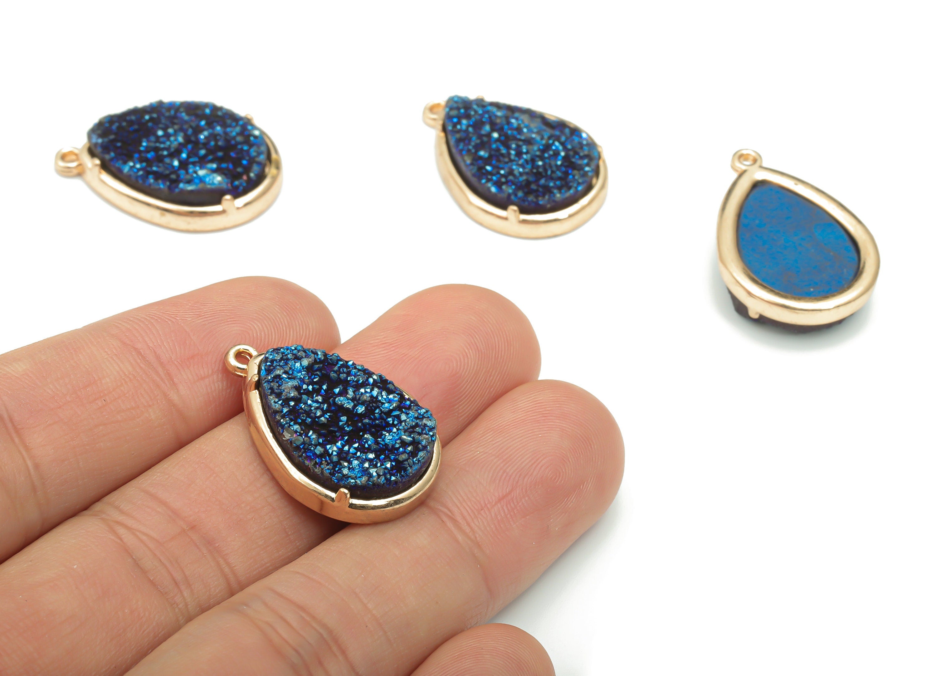 Blue Druzy Aura Quartz Natural Stone Charms - Brass Teardrop Pendant - Gold Tone Plated Brass – Jewelry Supplies - 25.85x17.4x6.6mm – NS1632 - DOMEDBAZAAR