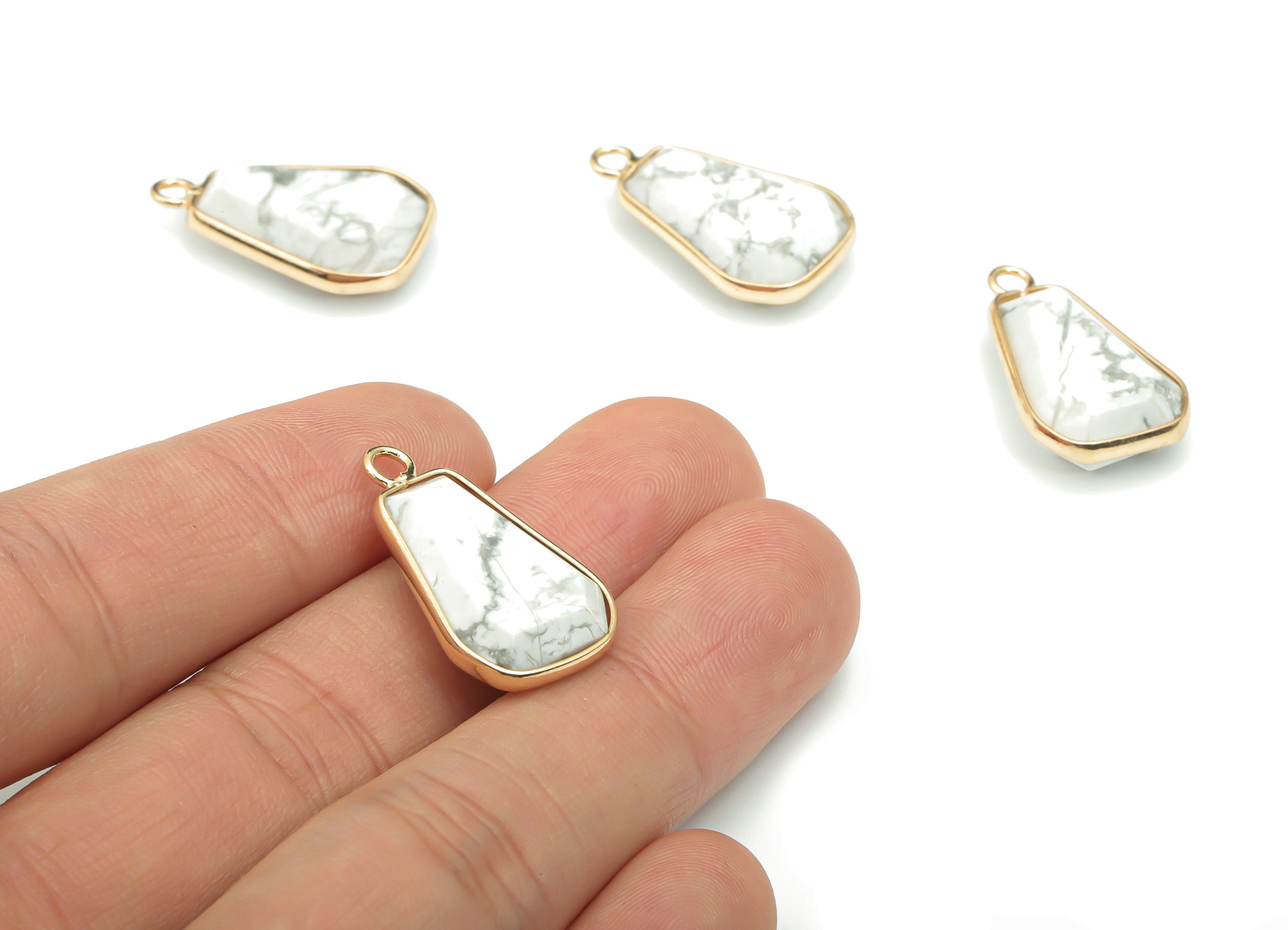 Howlite Faceted Natural Stone Drop Charms - Brass Teardrop Pendant - Gold Tone Plated Brass – Jewelry Supplies - 24.86x14.41x6.5mm – NS1665A - DOMEDBAZAAR