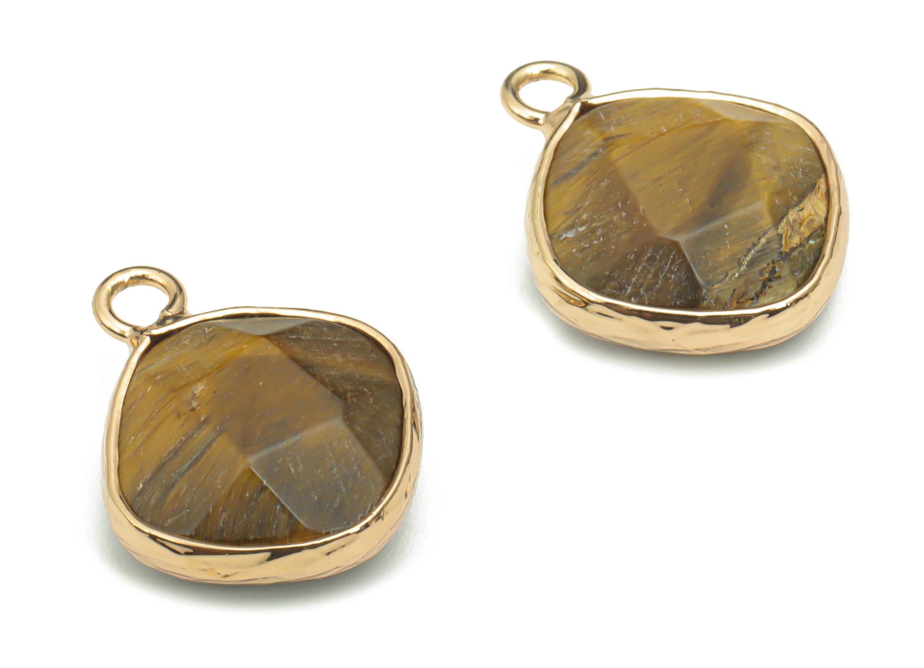Tiger eye Faceted Natural Stone Earring Charms - Brass Diamond Pendant - Gold Tone Plated Brass – Jewelry Supplies - 19.3x15.3x6.3mm–NS1637E - DOMEDBAZAAR