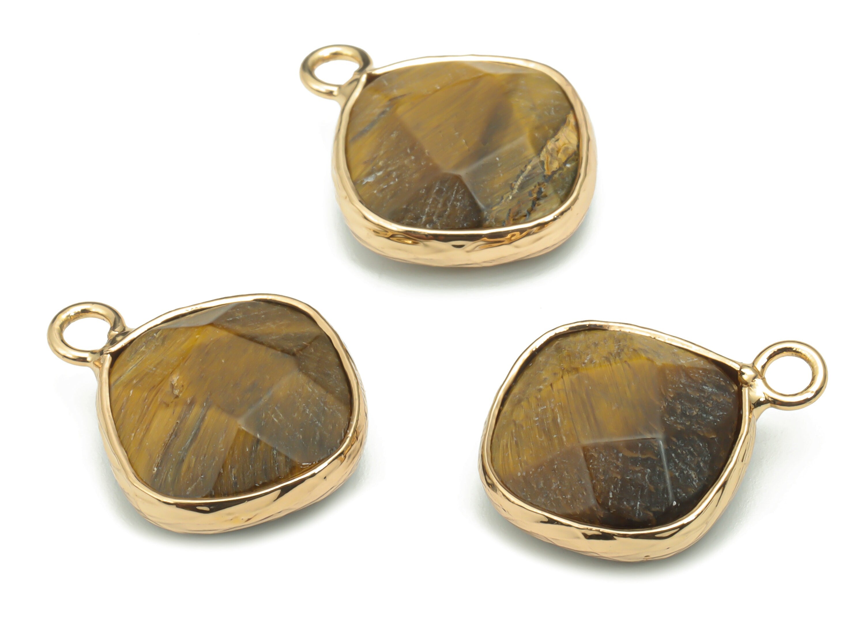 Tiger eye Faceted Natural Stone Earring Charms - Brass Diamond Pendant - Gold Tone Plated Brass – Jewelry Supplies - 19.3x15.3x6.3mm–NS1637E - DOMEDBAZAAR