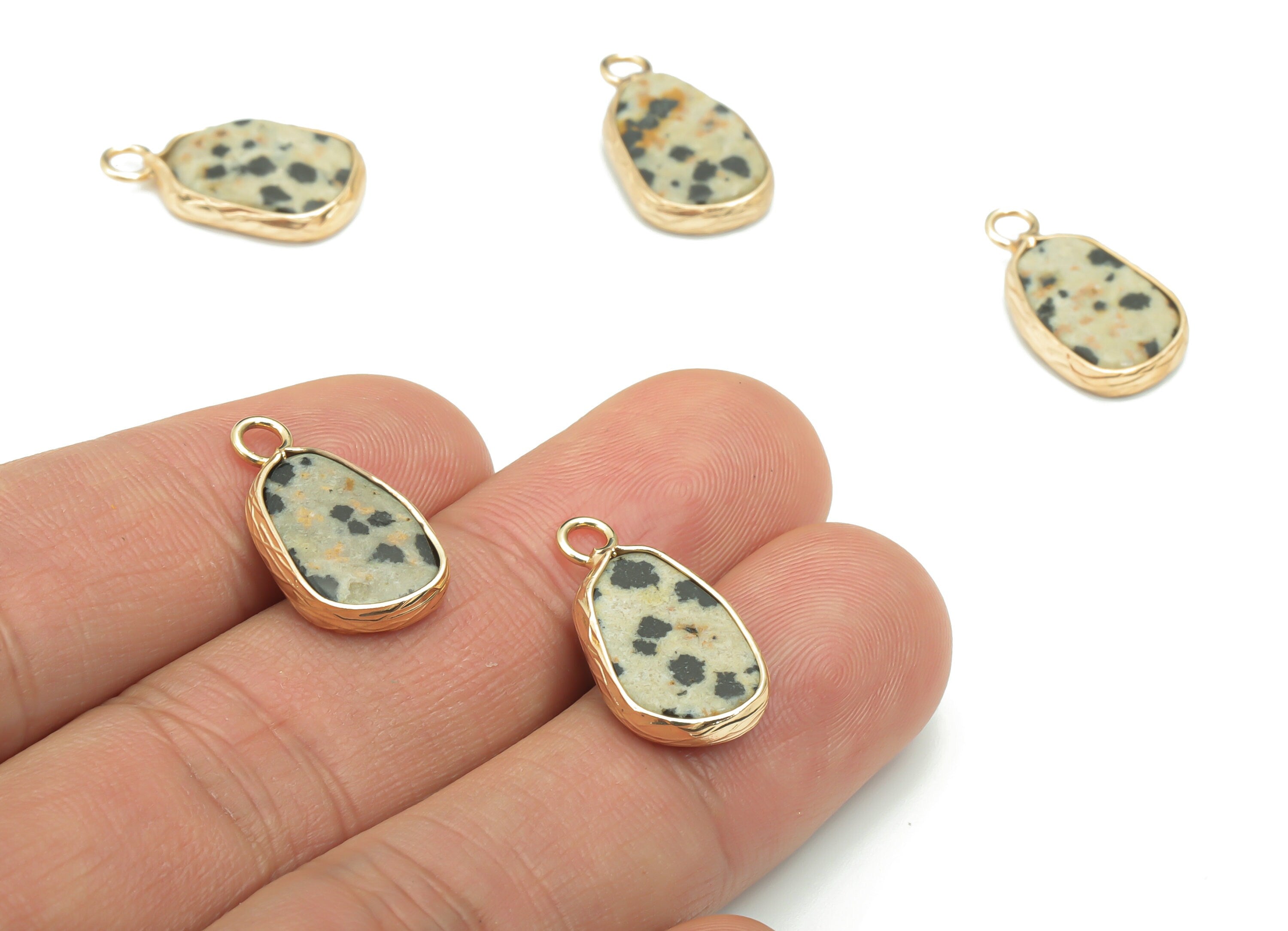 Dalmatian Jasper Natural Stone Irregular Earring Charms - Brass Irregular Pendant - Gold Tone Plated Brass – 19.92x10.94x3.81mm – NS1640B - DOMEDBAZAAR