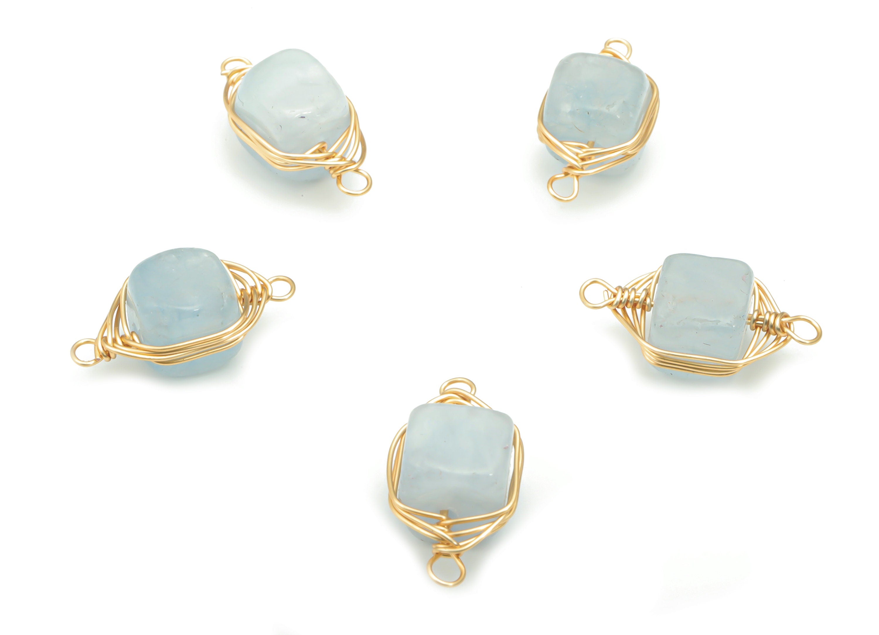 Blue Lace Agate Faceted Natural Stone Connectors - Brass Wire Wrapped Stone Bracelet - Gold Tone Plated Brass – 16.51x8.24x7.13mm – NS1653C - DOMEDBAZAAR