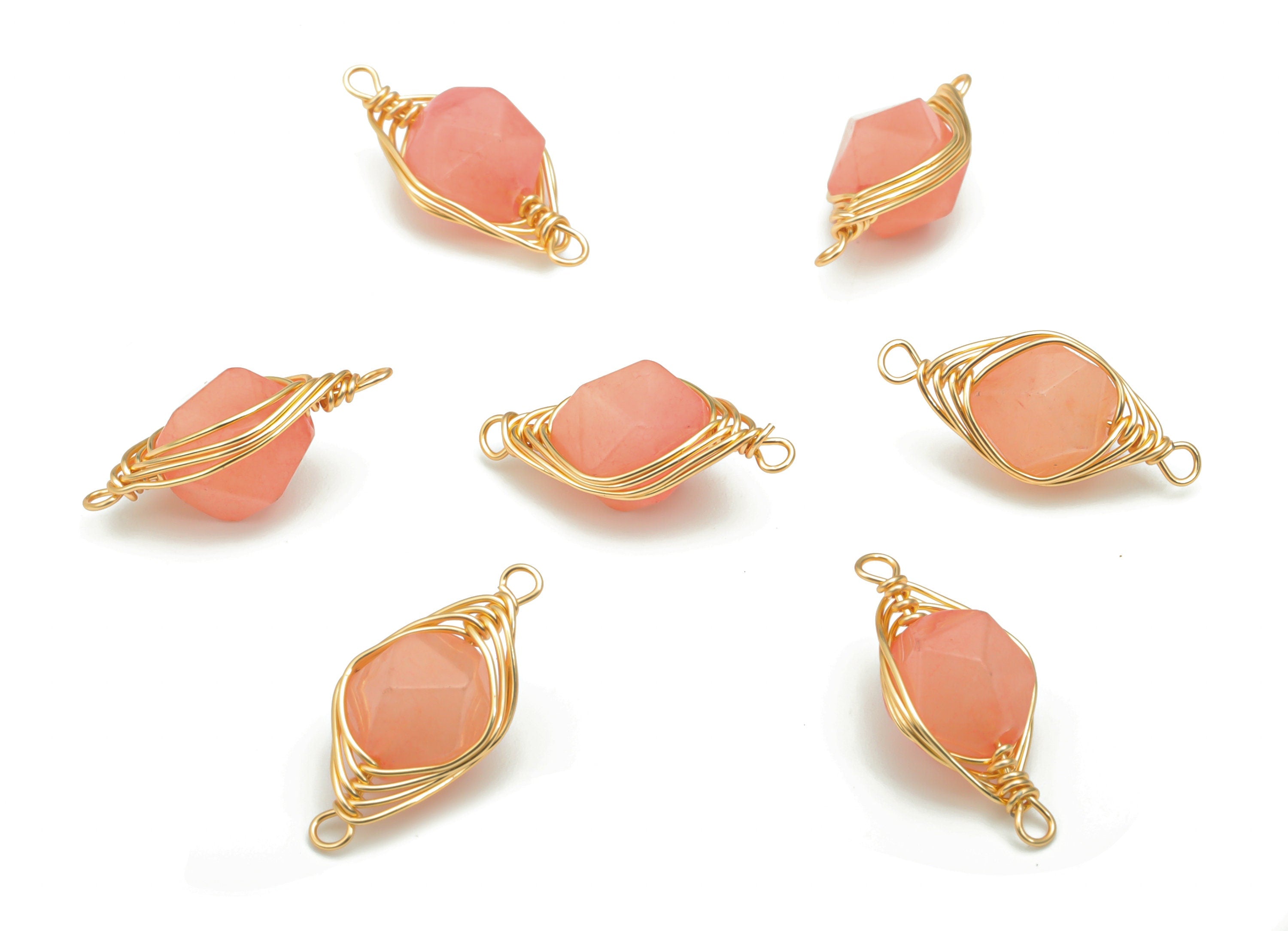 Orange Jade Faceted Natural Stone Connectors - Brass Wire Wrapped Stone Bracelet - Gold Tone Plated Brass – 16.65x7.65x6.53mm – NS1653A - DOMEDBAZAAR