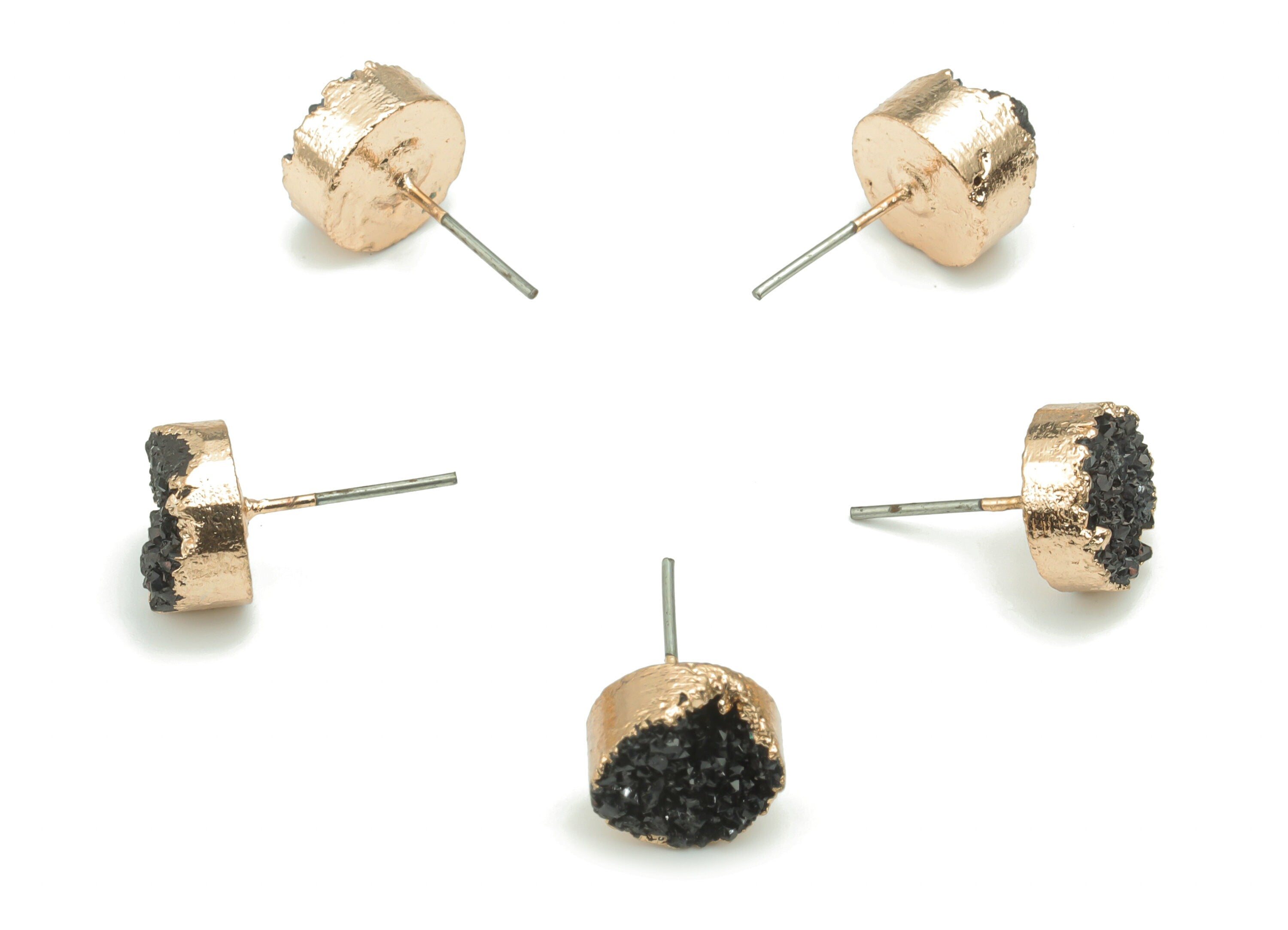 Black Druzy Aura Quartz Natural Stone Stud - Brass Round Post - Gold Tone Plated Brass – Stainless Steel Stud - 10.14x10.14x5.89mm – NS1629C - DOMEDBAZAAR