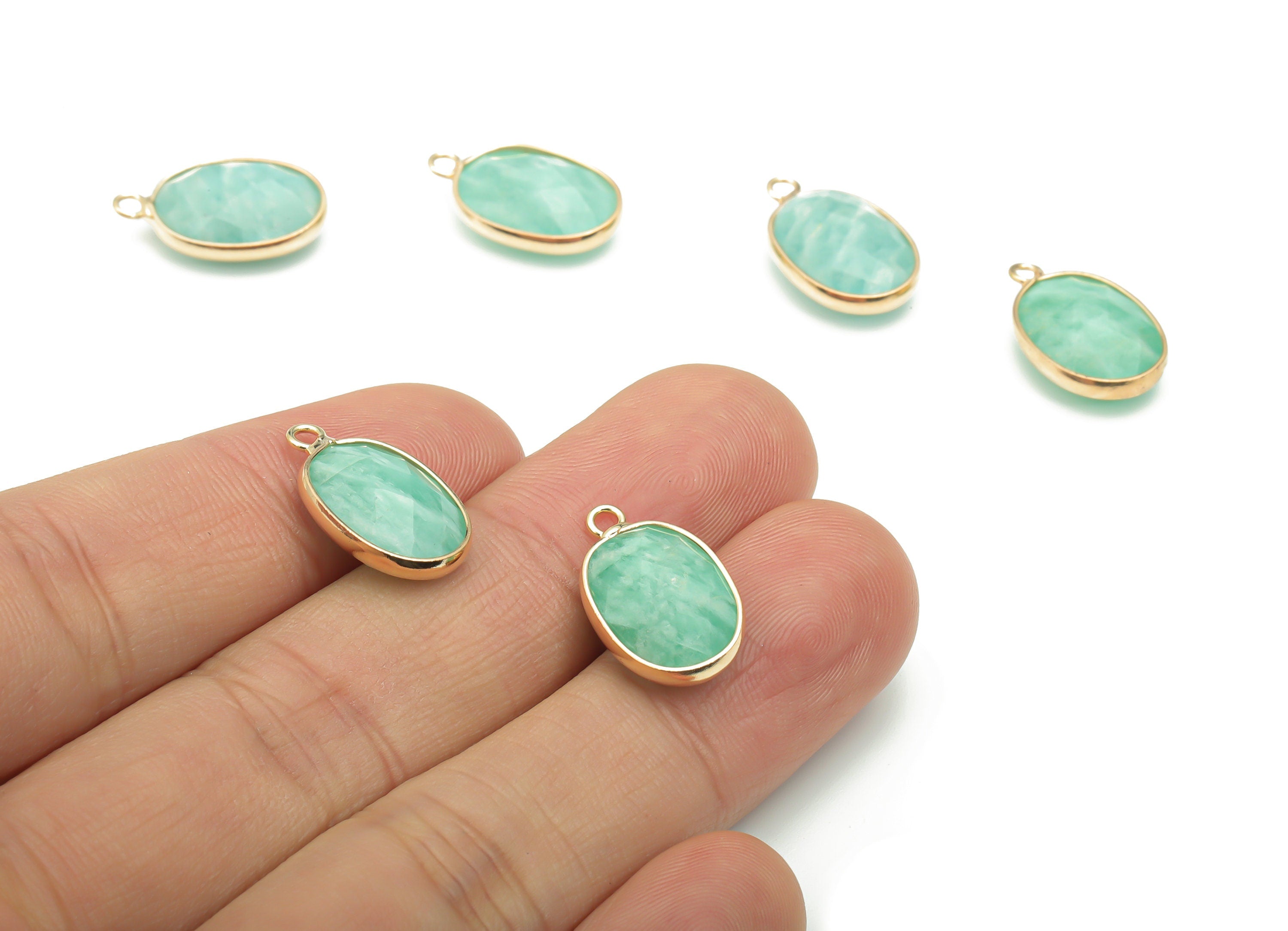 Amazonite Faceted Natural Stone Oval Charms - Brass Oval Pendant - Gold Tone Plated Brass – Jewelry Supplies - 18.07x11.09x5.61mm – NS1659A - DOMEDBAZAAR
