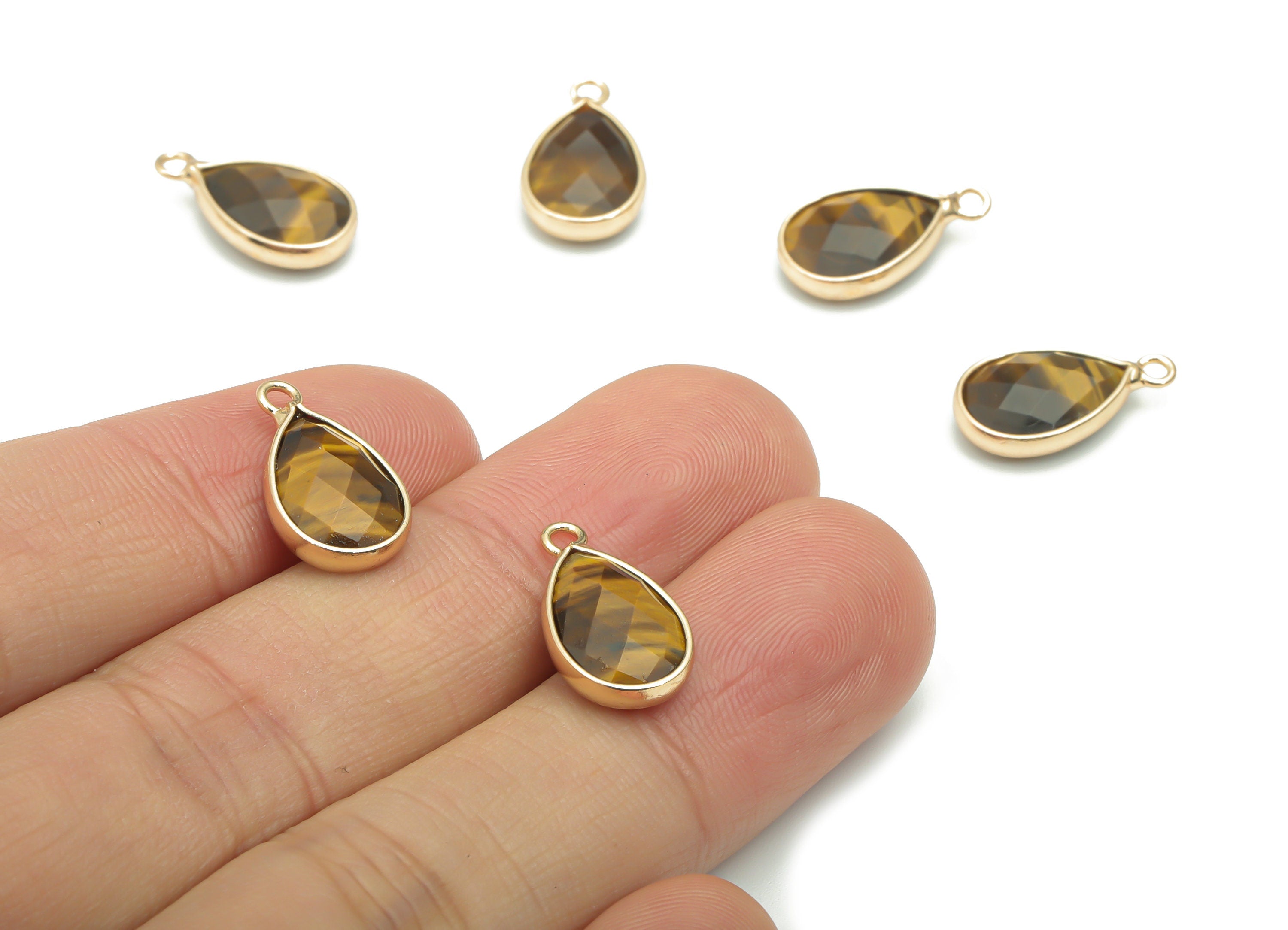 Tiger eye Faceted Natural Stone Teardrop Charms - Brass Drop Pendant - Gold Tone Plated Brass – Jewelry Supplies - 15.99x9.14x4.4mm– NS1660B - DOMEDBAZAAR