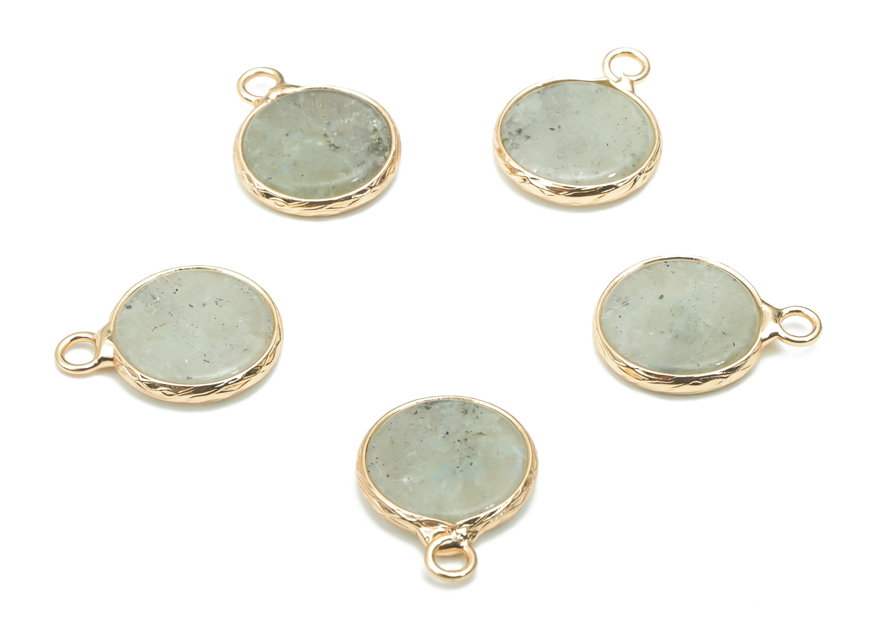 Labradorite Natural Stone Round Earring Charms - Brass Circle Pendant - Gold Tone Plated Brass – Jewelry Supplies - 18.4x13.8x2.4mm– NS1639A - DOMEDBAZAAR