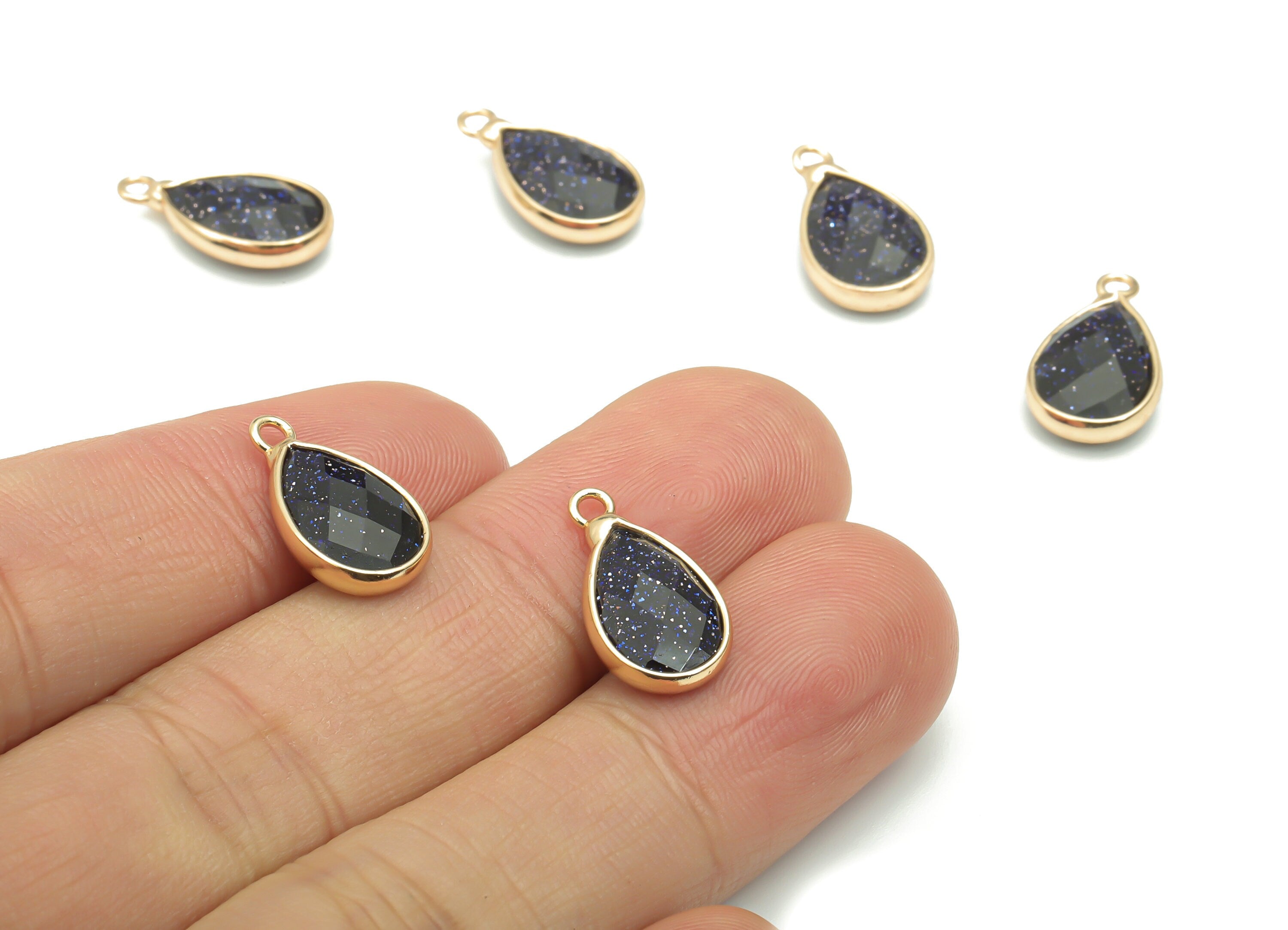 Blue Goldstone Faceted Natural Stone Teardrop Earring Charms - Brass Drop Pendant - Gold Tone Plated Brass – 16.54x9.26x4.3mm – NS1660A - DOMEDBAZAAR