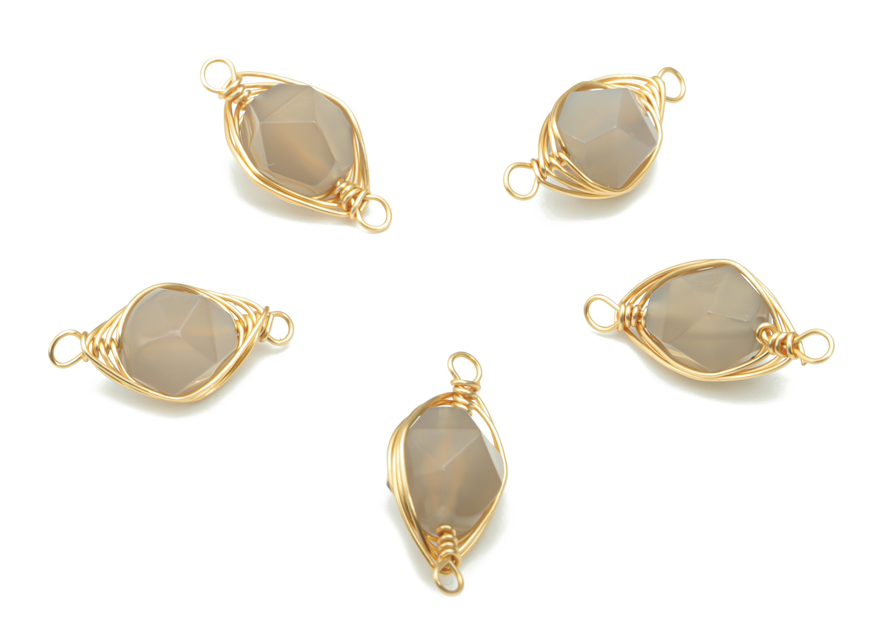 Gray Agate Faceted Natural Stone Connectors - Brass Wire Wrapped Stone Bracelet - Gold Tone Plated Brass – 18.19x8.25x6.85mm – NS1653G - DOMEDBAZAAR