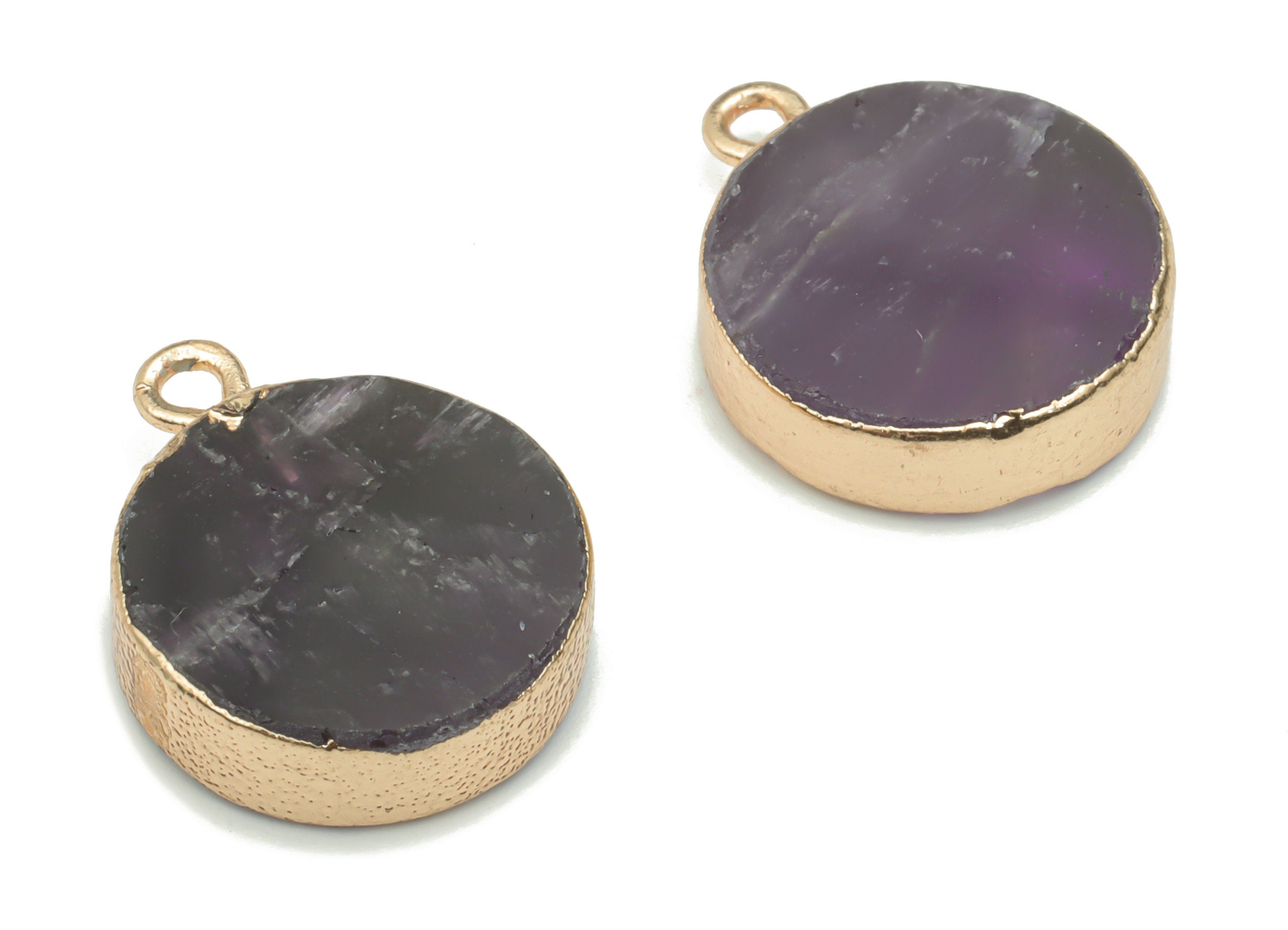 Amethyst Natural Stone Circle Earring Charms - Brass Round Pendant - Gold Tone Plated Brass – Jewelry Supplies - 19.7x15.7x4.7mm – NS1633A - DOMEDBAZAAR