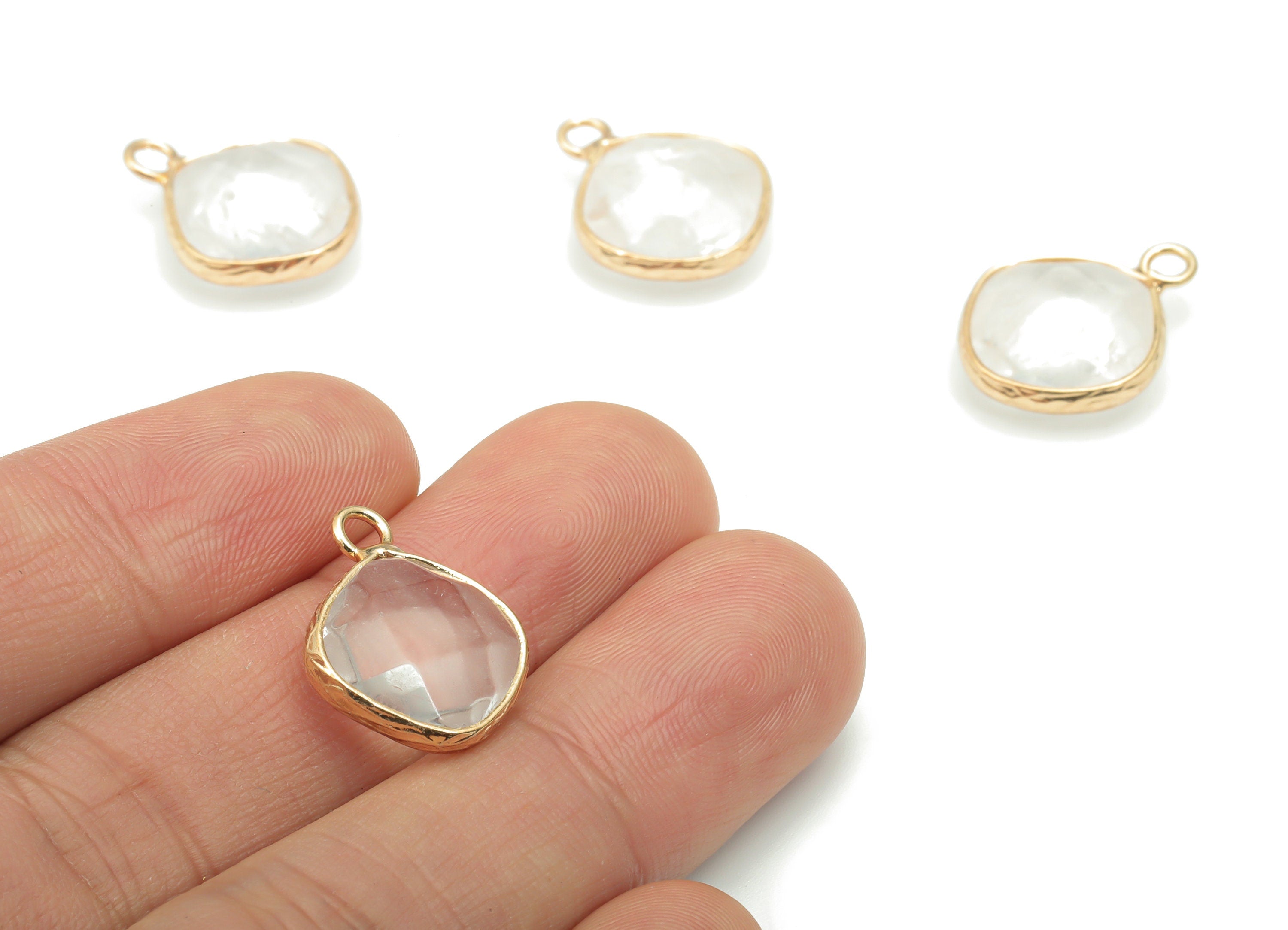Clear Quartz Faceted Natural Stone Square Earring Charms - Brass Diamond Pendant - Gold Tone Plated Brass – 19.3x15.34x6.28mm – NS1637B - DOMEDBAZAAR