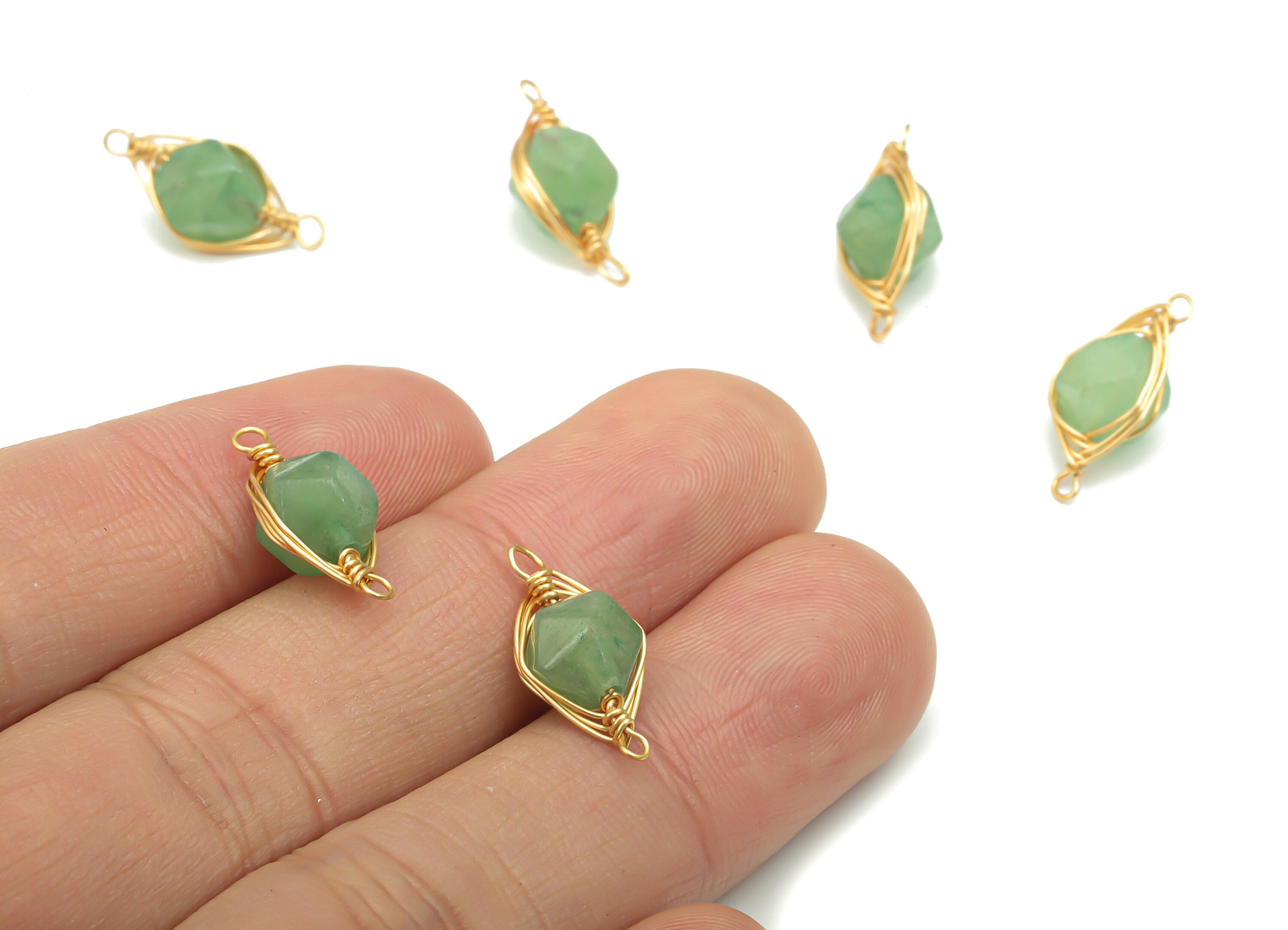 Aventurine Natural Stone Earring Connectors - Brass Wire Wrapped Stone Bracelet - Gold Tone Plated Brass – 15.97x6.49x6.14mm – NS1653F - DOMEDBAZAAR