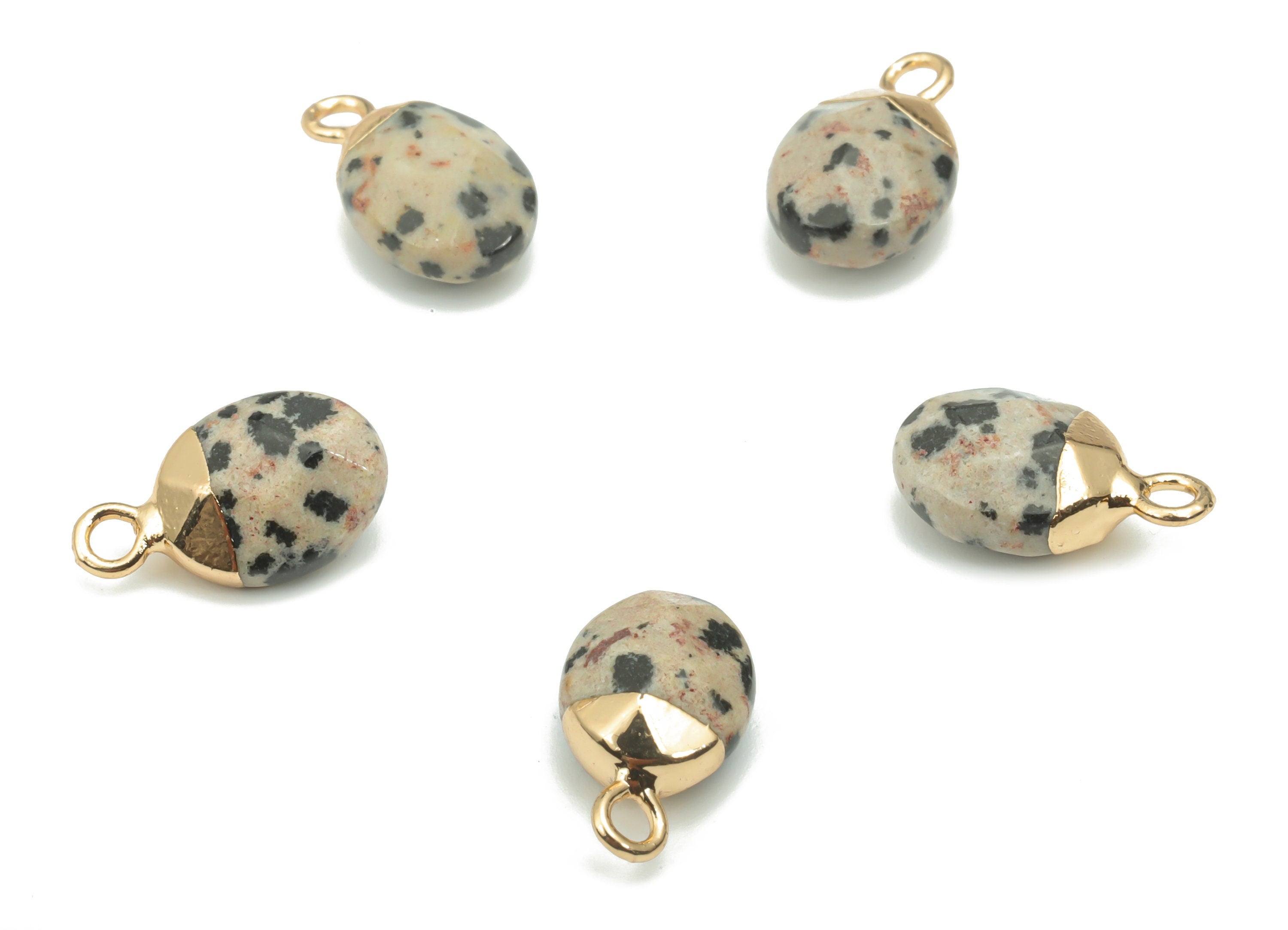 Dalmatian Jasper Natural Stone Earring Charms - Brass Oval Pendant - Gold Tone Plated Brass – Jewelry Supplies - 13.85x8.12x5.6mm – NS1644 - DOMEDBAZAAR