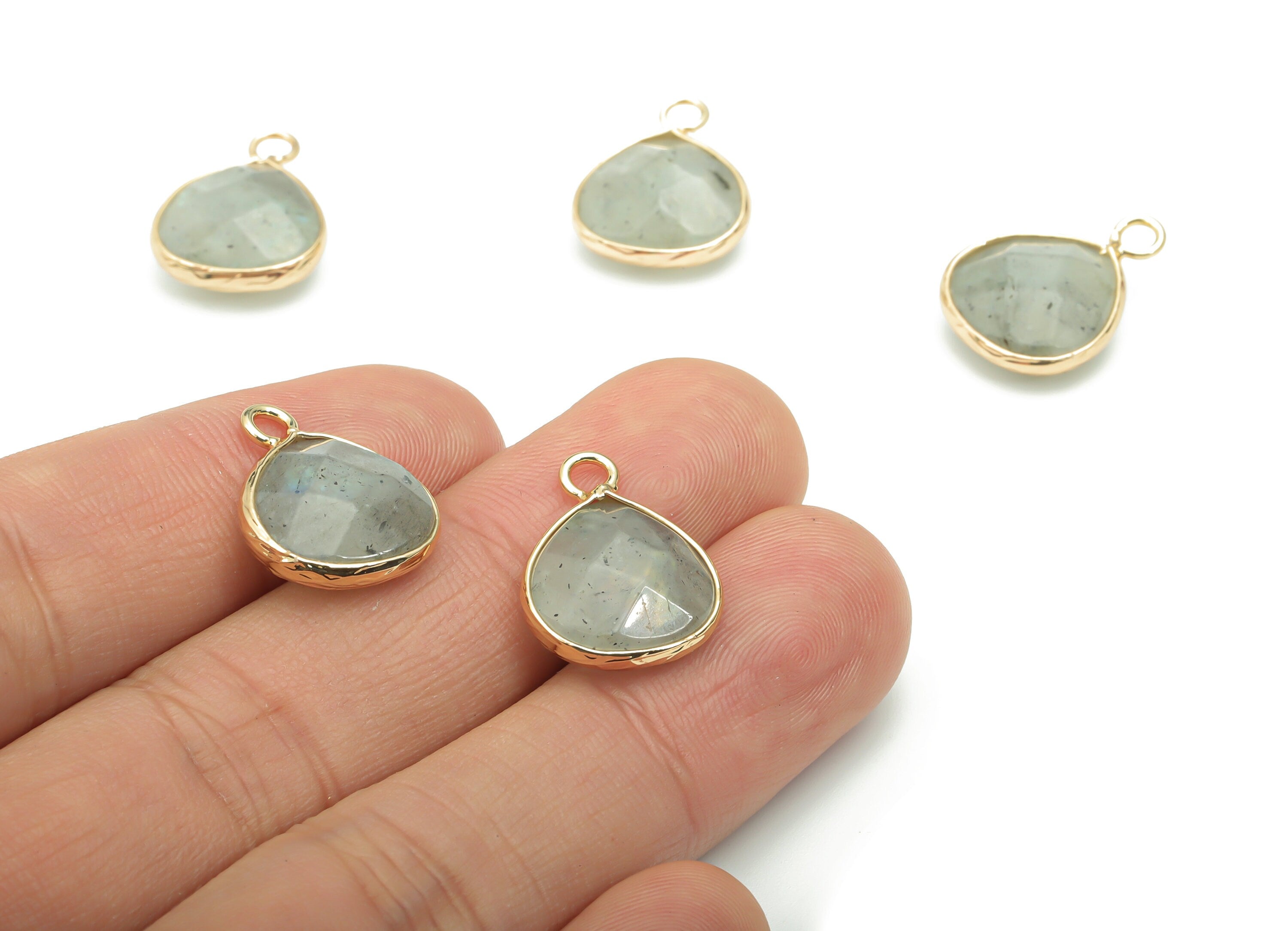Labradorite Faceted Natural Stone Triangle Earring Charms - Brass Triangle Pendant - Gold Tone Plated Brass – 17.82x13.5x6.06mm – NS1638B - DOMEDBAZAAR