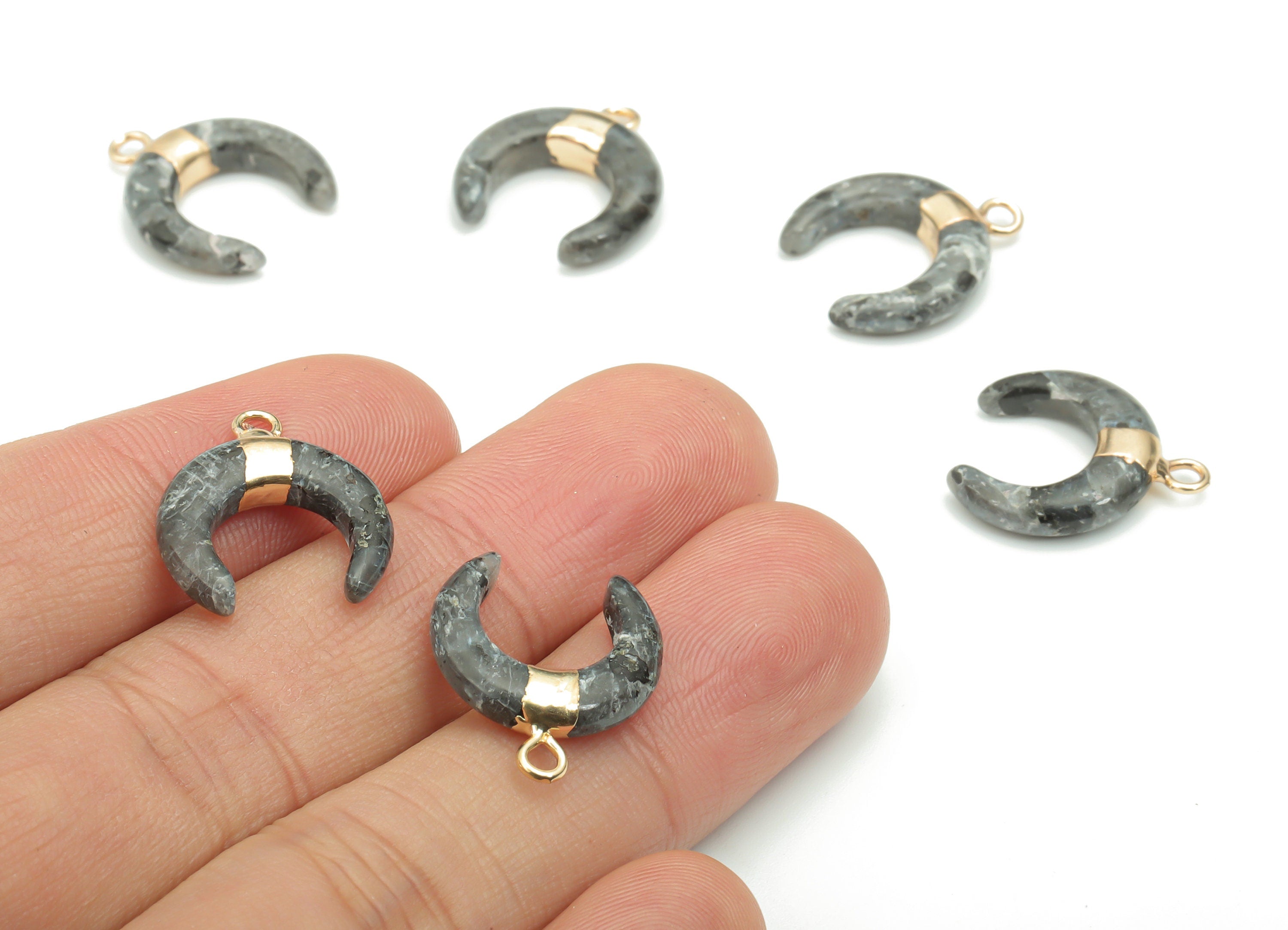 Larvikite Natural Stone Ox Horn Earring Charms - Brass Crescent Pendant - Gold Tone Plated Brass – Jewelry Supplies - 16.9x14.8x4mm –NS1628E - DOMEDBAZAAR
