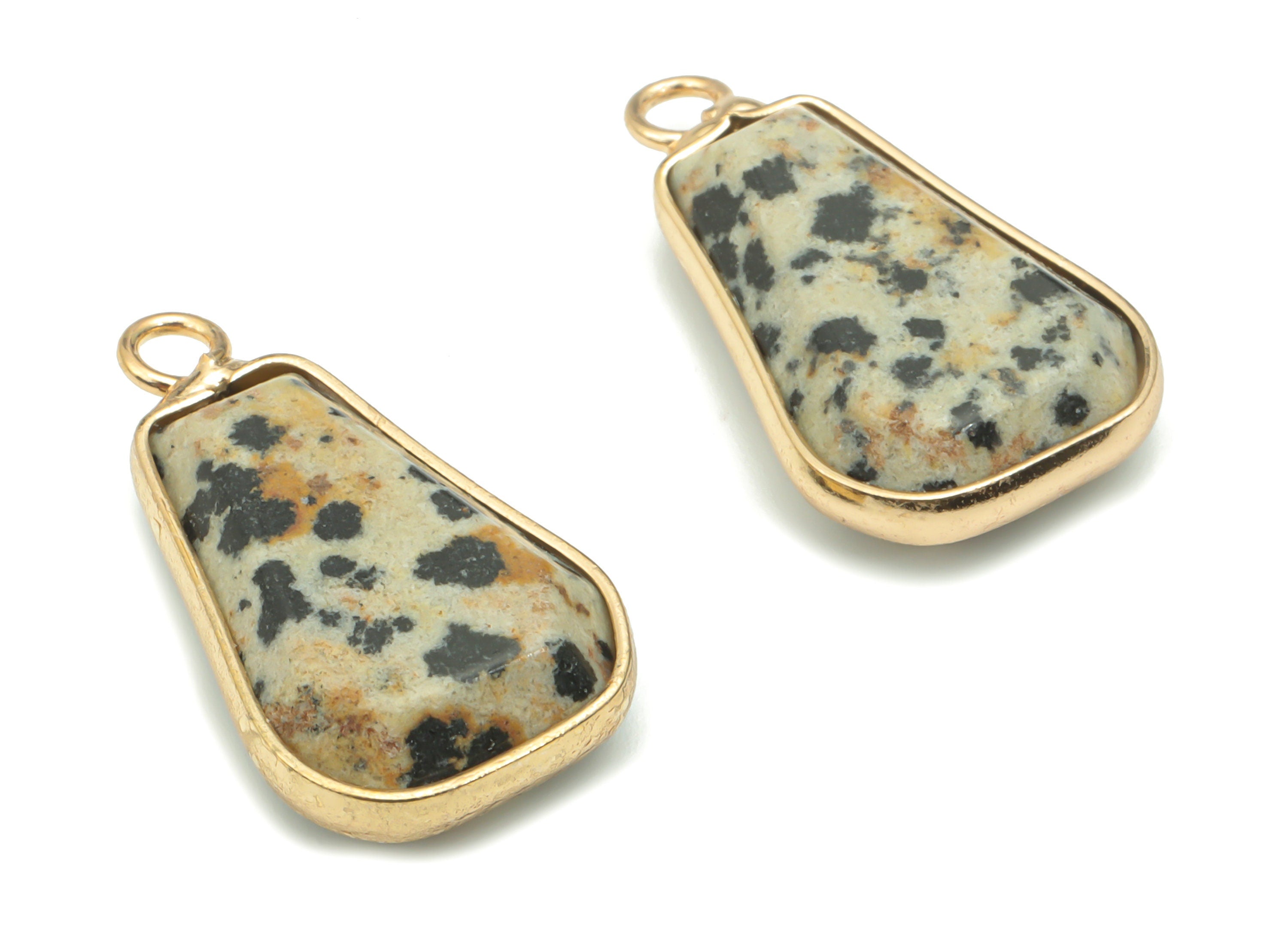 Dalmatian Jasper Faceted Natural Stone Drop Earring Charms - Brass Teardrop Pendant - Gold Tone Plated Brass – 25.12x14.13x5.86mm – NS1665B - DOMEDBAZAAR