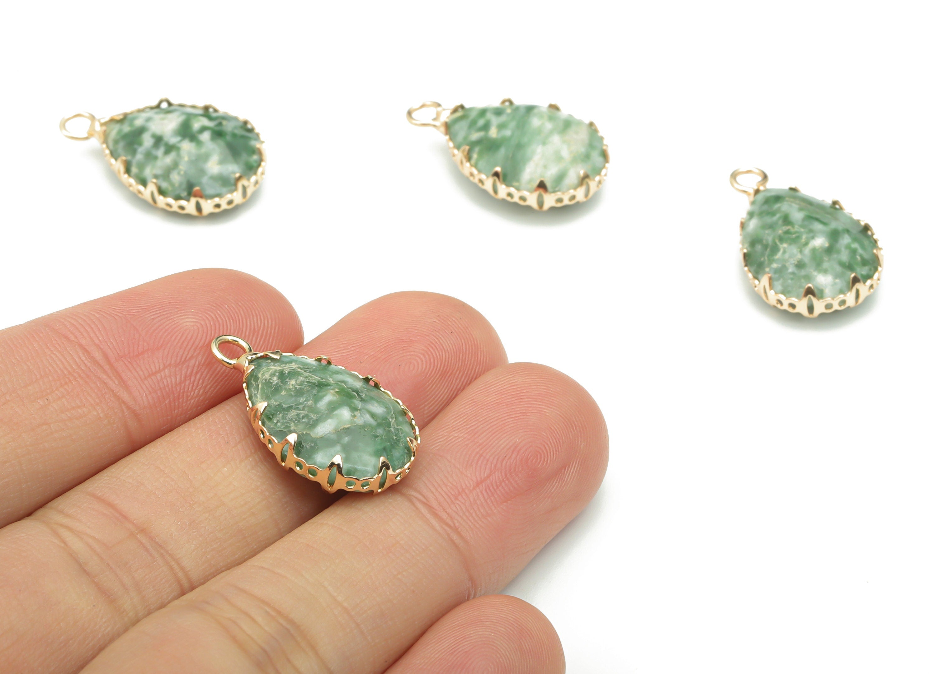 Peace Jade Faceted Natural Stone Teardrop Charms - Brass Drop Pendant - Gold Tone Plated Brass – Jewelry Supplies - 23.1x13.9x5.6mm –NS1636K - DOMEDBAZAAR