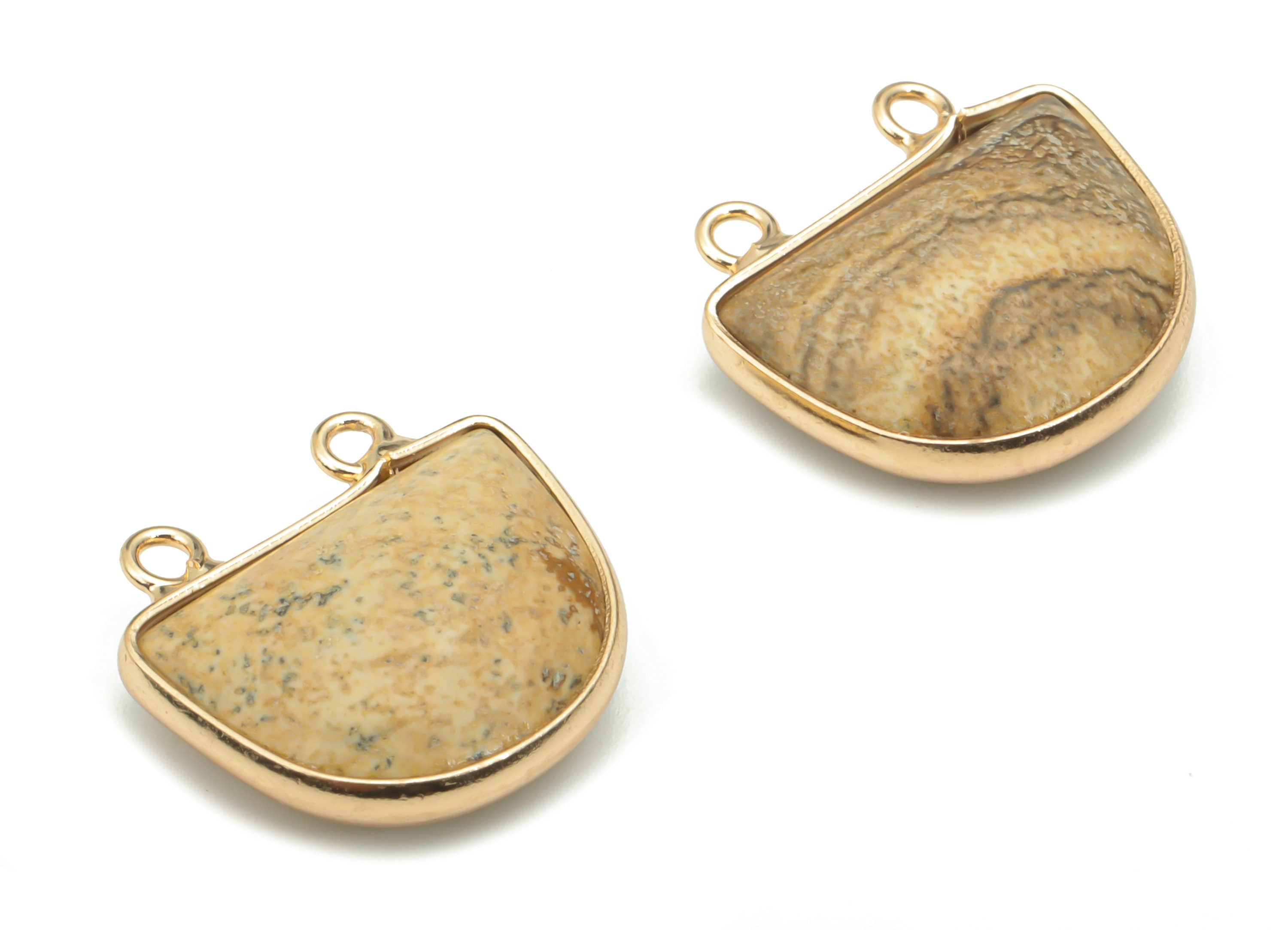 Picture Jasper Natural Stone Domed Earring Connectors - Brass Semicircle Pendant - Gold Tone Plated Brass – 16.67x17.88x6.29mm – NS1658B - DOMEDBAZAAR