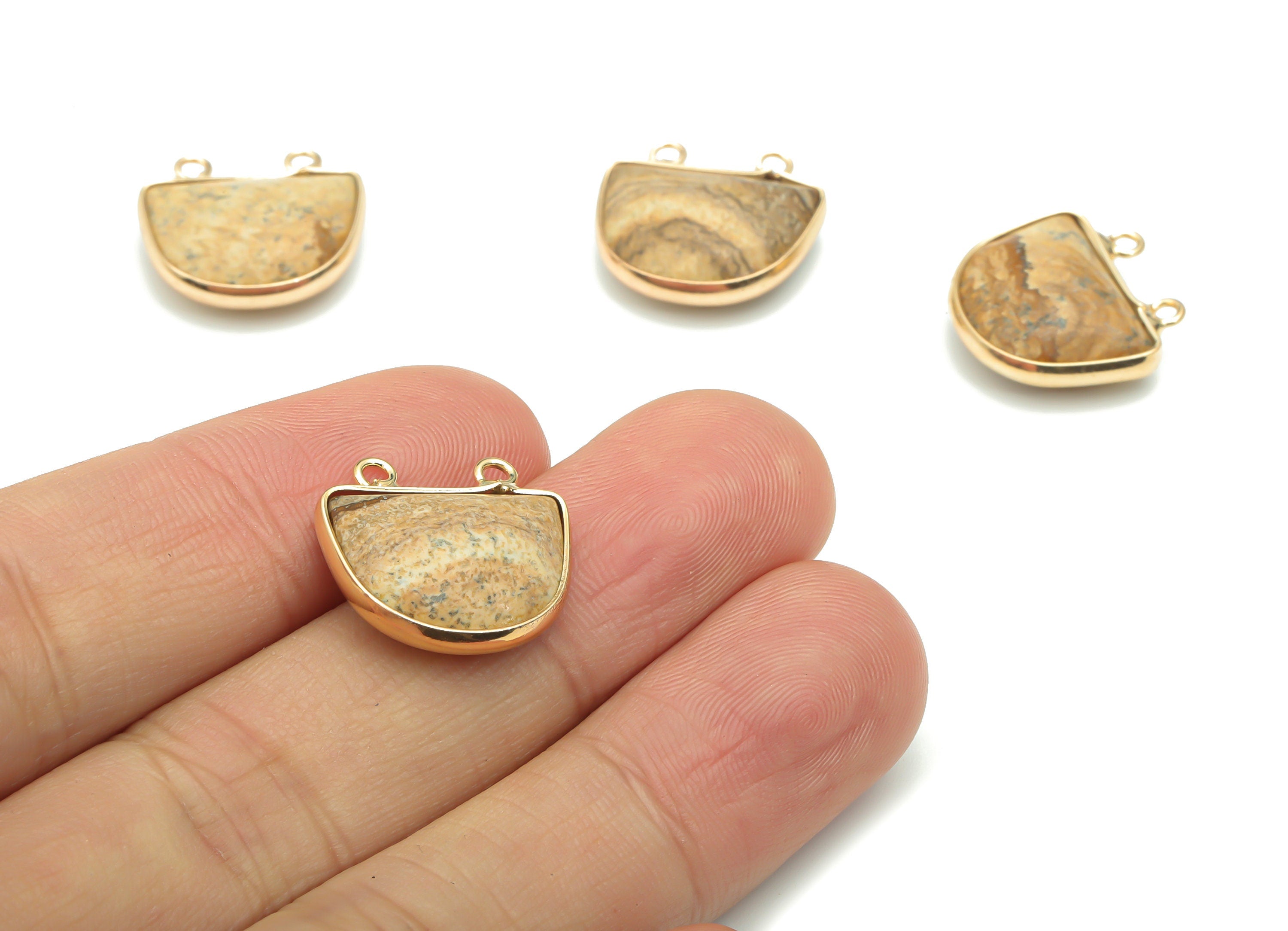 Picture Jasper Natural Stone Domed Earring Connectors - Brass Semicircle Pendant - Gold Tone Plated Brass – 16.67x17.88x6.29mm – NS1658B - DOMEDBAZAAR