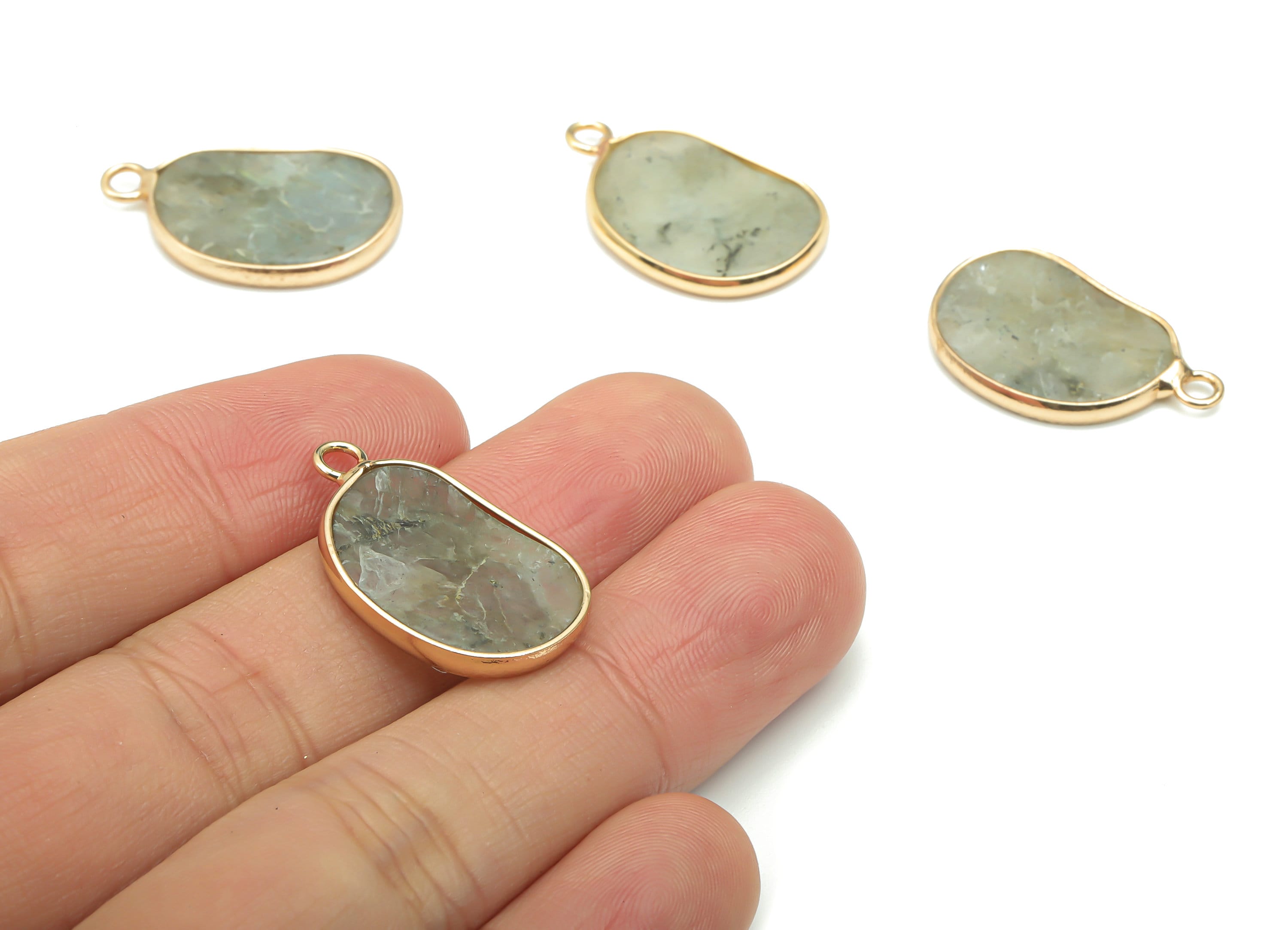 Labradorite Natural Stone Bean Charms - Brass Irregular Pendant - Gold Tone Plated Brass – Jewelry Supplies - 25.43x15.31x2.32mm – NS1657E - DOMEDBAZAAR