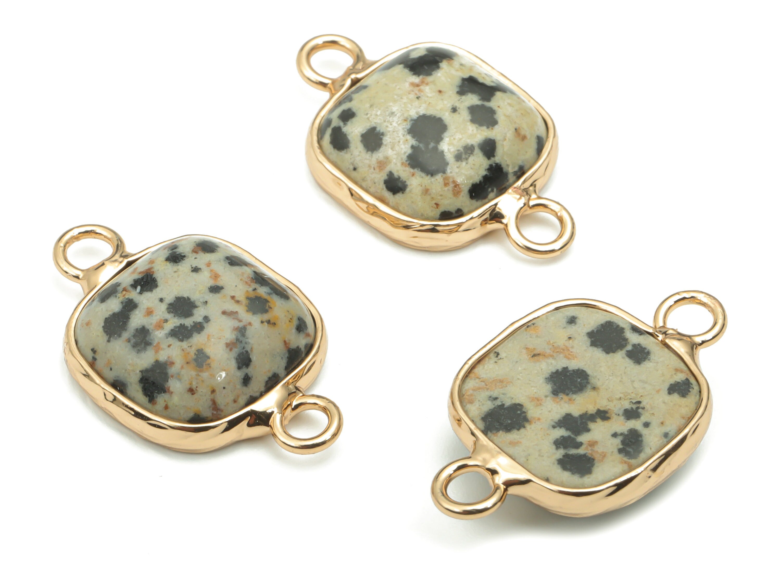Dalmatian Jasper Faceted Natural Stone Connectors - Brass Wire Wrapped Square Charms - Gold Tone Plated Brass – 21.38x13.33x5.16mm – NS1674B - DOMEDBAZAAR