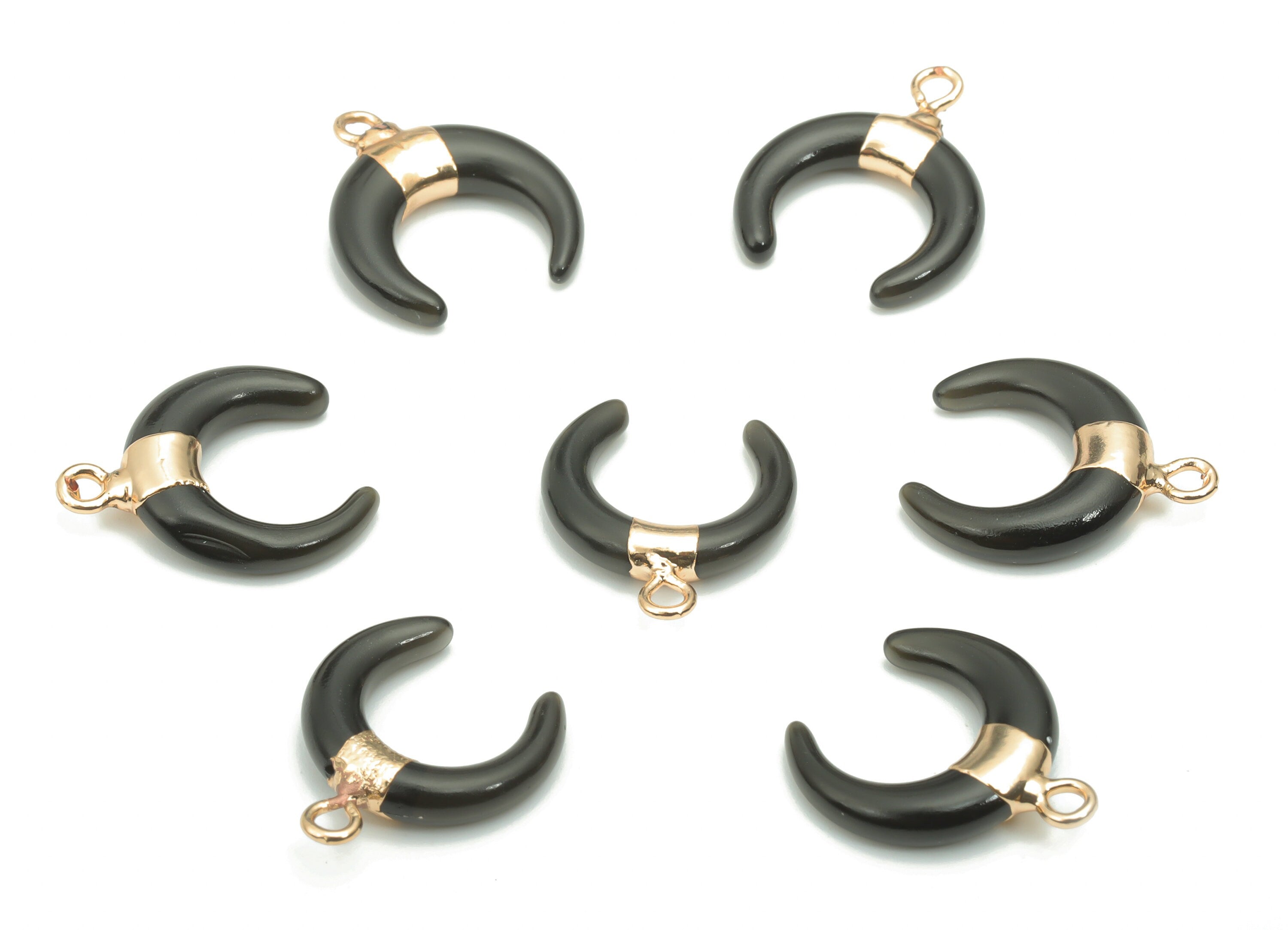 Obsidian Natural Stone Ox Horn Earring Charms - Brass Crescent Pendant - Gold Tone Plated Brass – Jewelry Supplies - 16.9x14.8x3.8mm–NS1628B - DOMEDBAZAAR