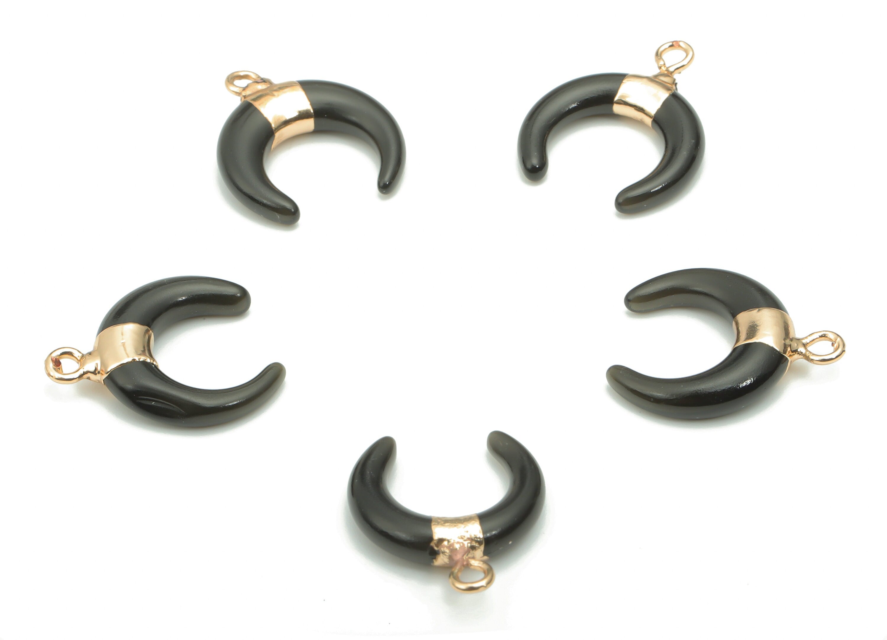 Obsidian Natural Stone Ox Horn Earring Charms - Brass Crescent Pendant - Gold Tone Plated Brass – Jewelry Supplies - 16.9x14.8x3.8mm–NS1628B - DOMEDBAZAAR