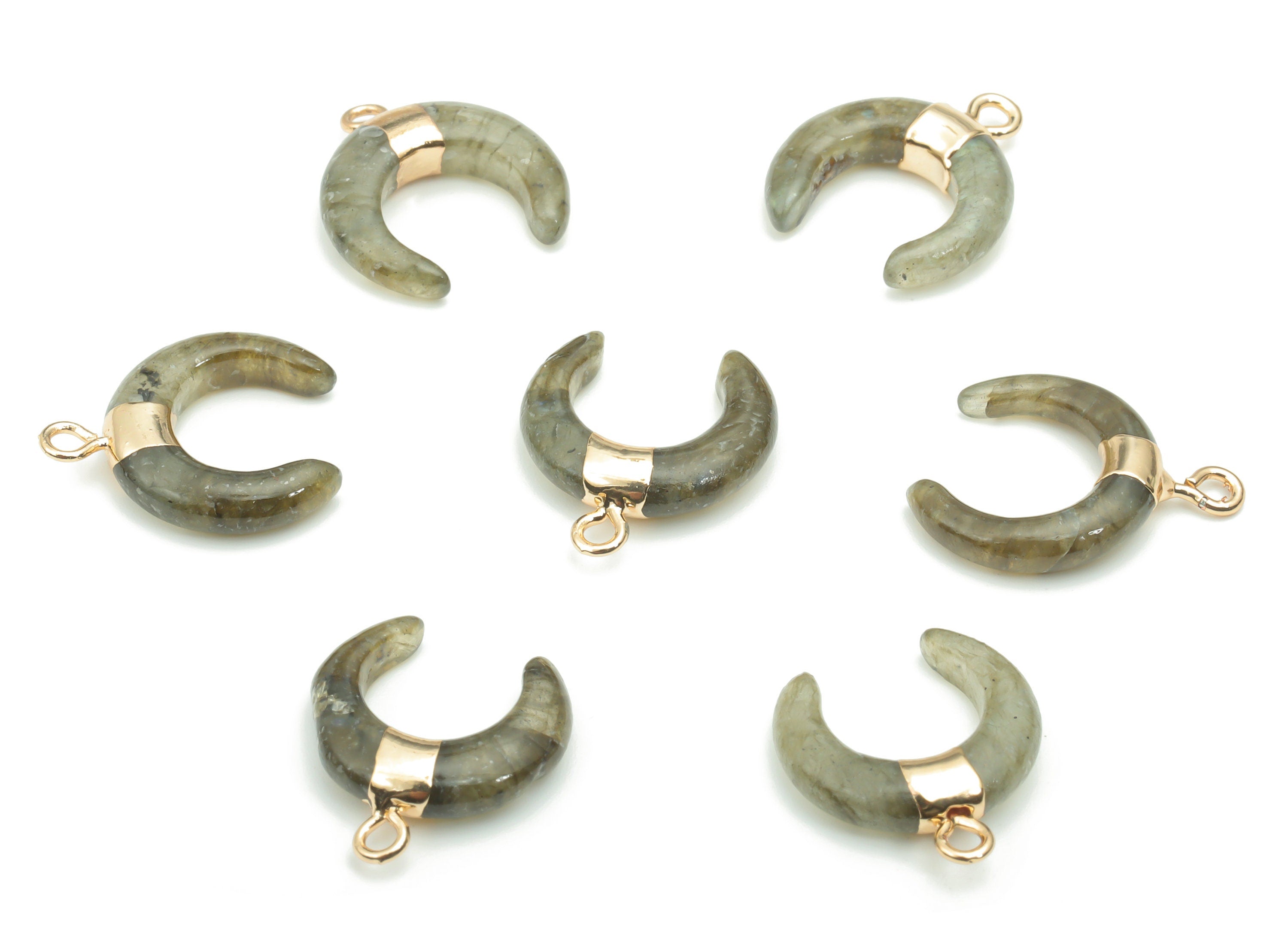 Labradorite Natural Stone Ox Horn Charms - Brass Crescent Pendant - Gold Tone Plated Brass – Jewelry Supplies - 16.92x14.84x3.84mm – NS1628C - DOMEDBAZAAR