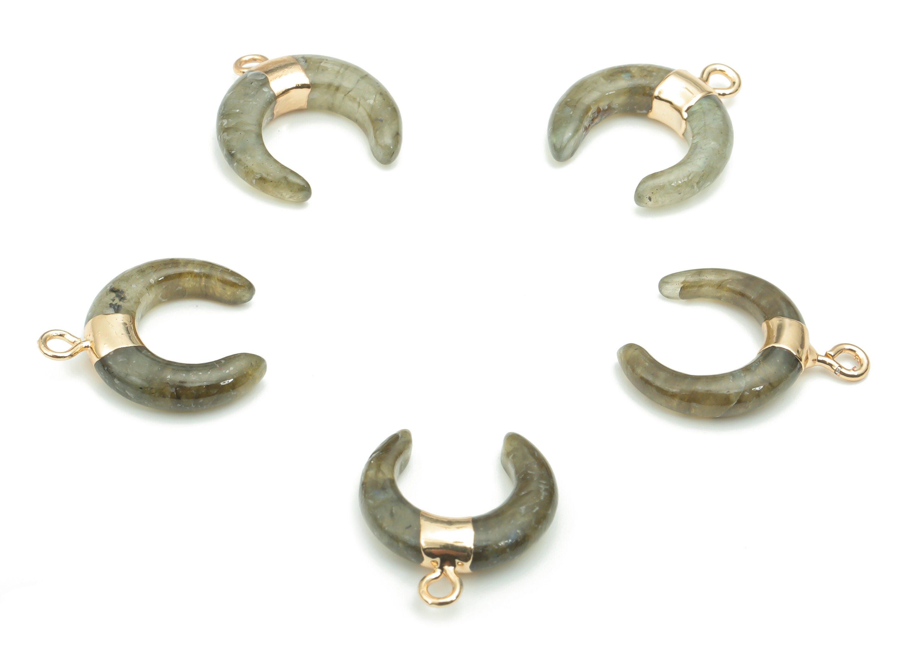 Labradorite Natural Stone Ox Horn Charms - Brass Crescent Pendant - Gold Tone Plated Brass – Jewelry Supplies - 16.92x14.84x3.84mm – NS1628C - DOMEDBAZAAR