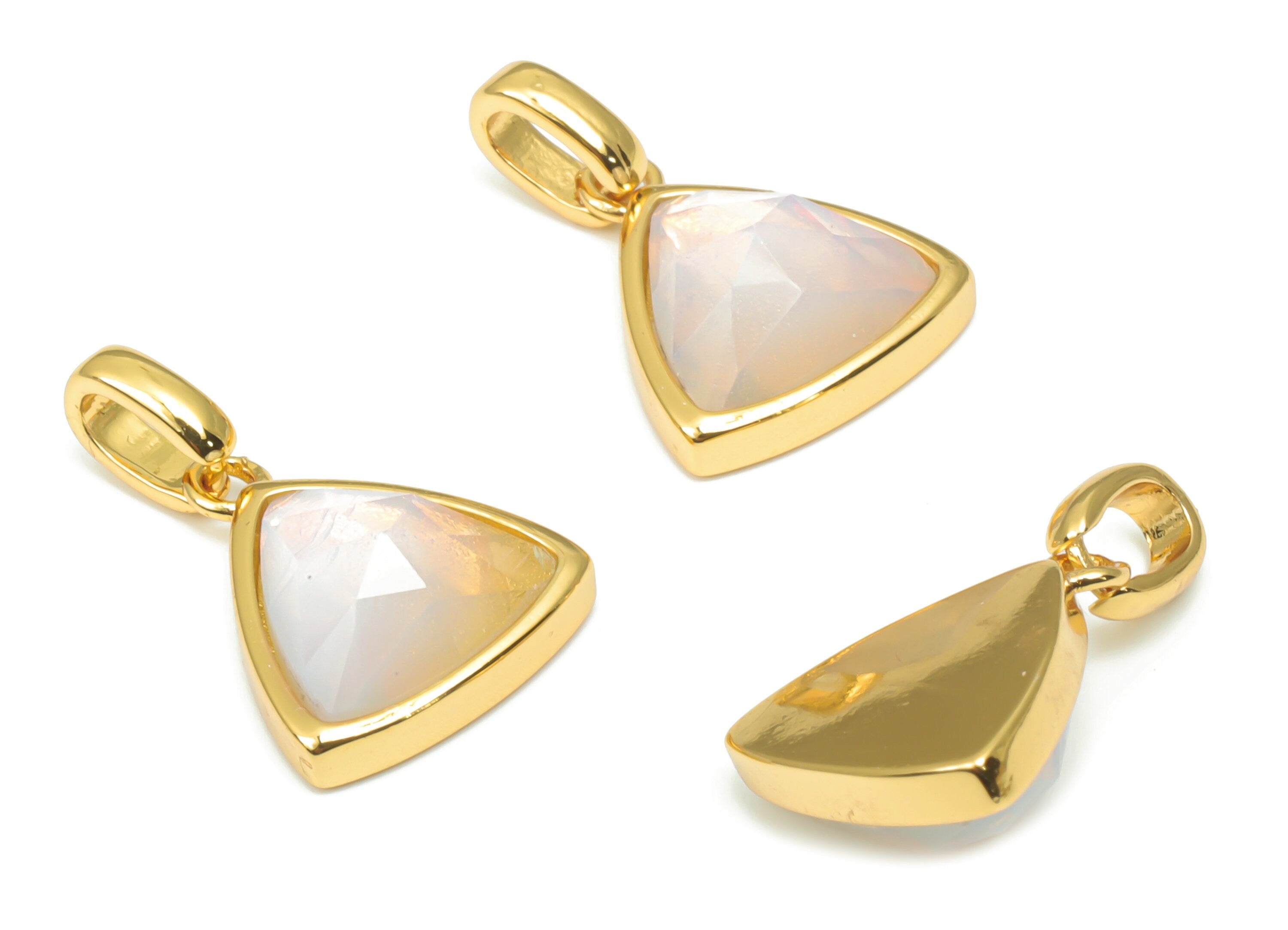 Opal Faceted Triangle Earring Charms With Loop - 11mm Natural Stone - Brass Triangle Pendant - Gold Tone Plated Brass – 20x12x6mm – NS1668E - DOMEDBAZAAR