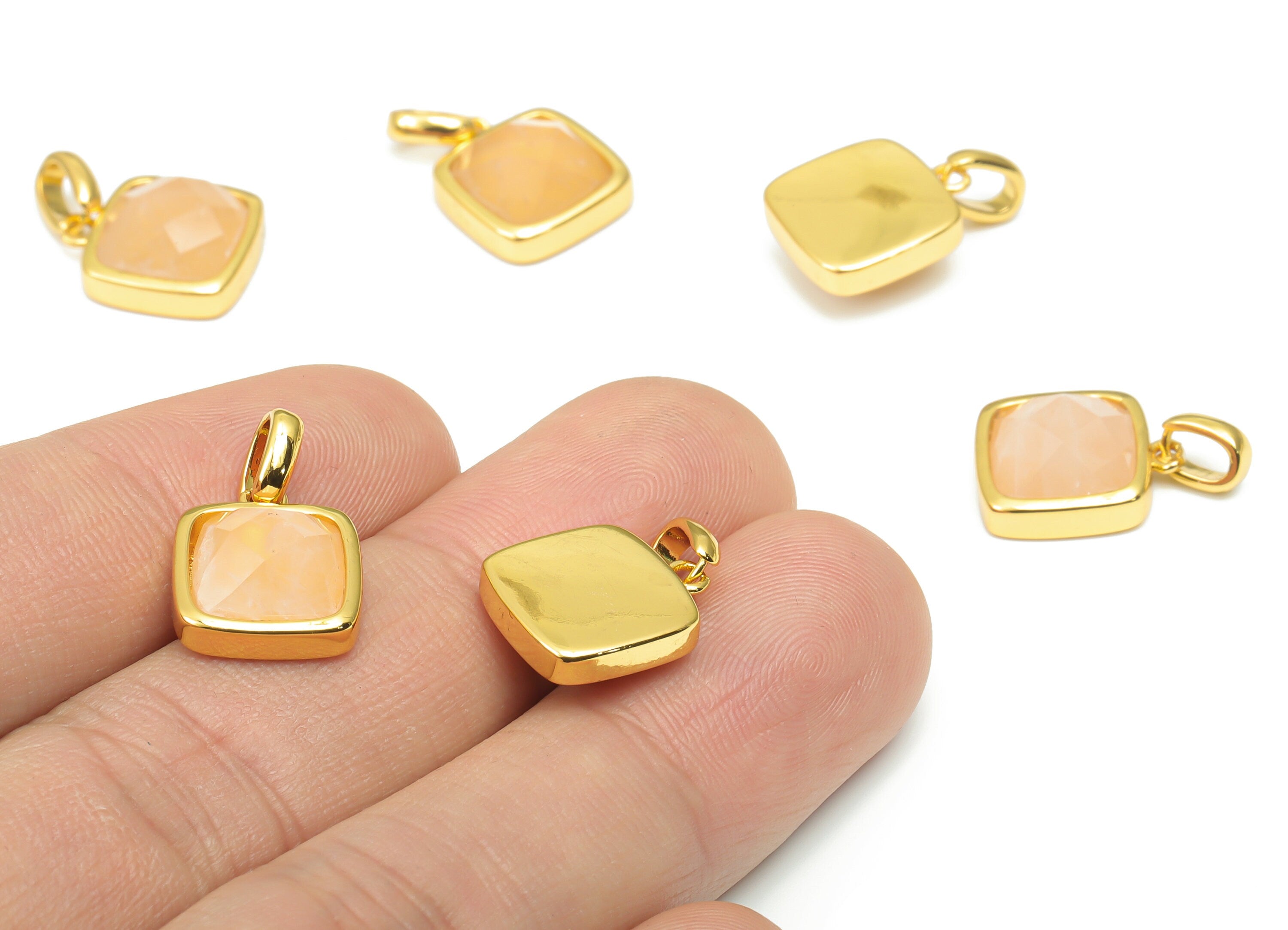 Rose Quartz Faceted Square Earring Charms - 11mm Natural Stone - Brass Square Pendant - Gold Tone Plated Brass – 18.84x11.65x5.8mm – NS1672D - DOMEDBAZAAR