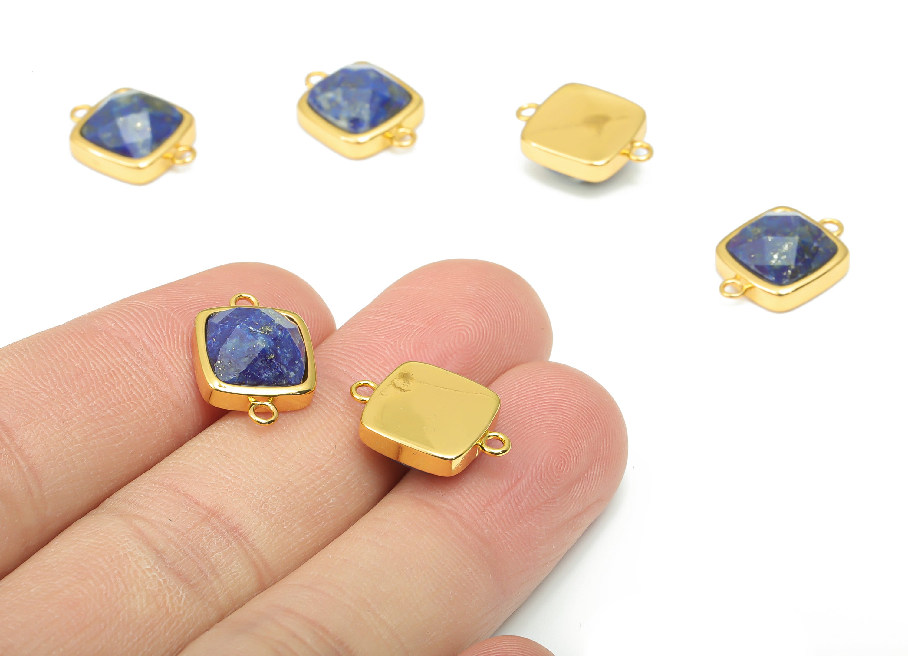 Lapis Lazuli Faceted Square Earring Connectors - 11mm Natural Stone - Brass Square Charms - Gold Tone Plated Brass – 16.5x11.4x5.9mm–NS1673A - DOMEDBAZAAR