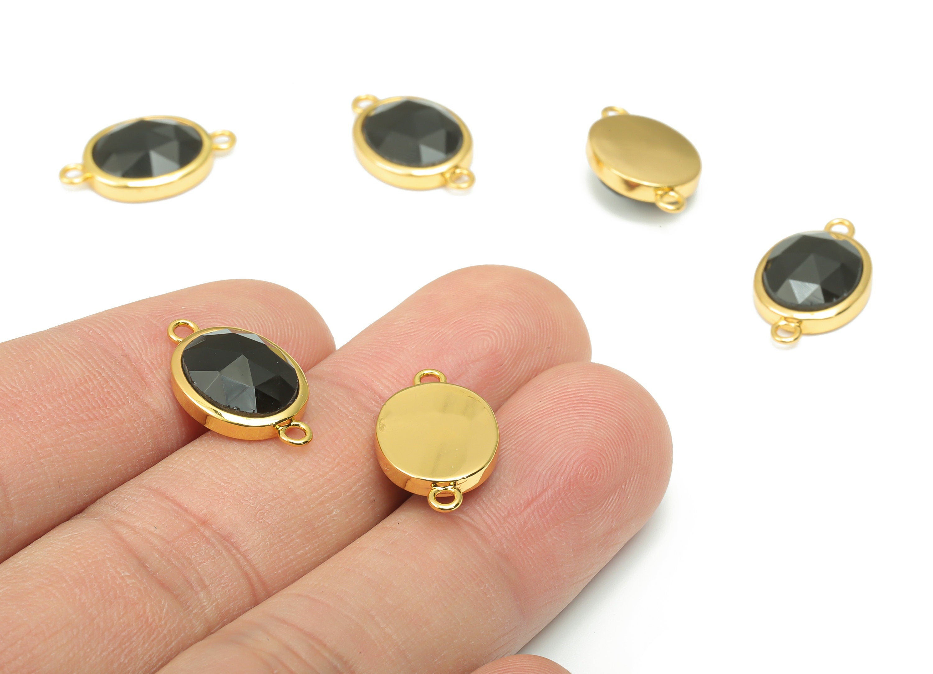 Obsidian Faceted Oval Earring Connectors - 10x12mm Natural Stone - Brass Oval Charms - Gold Tone Plated Brass – 18.15x10.95x4.7mm– NS1671C - DOMEDBAZAAR