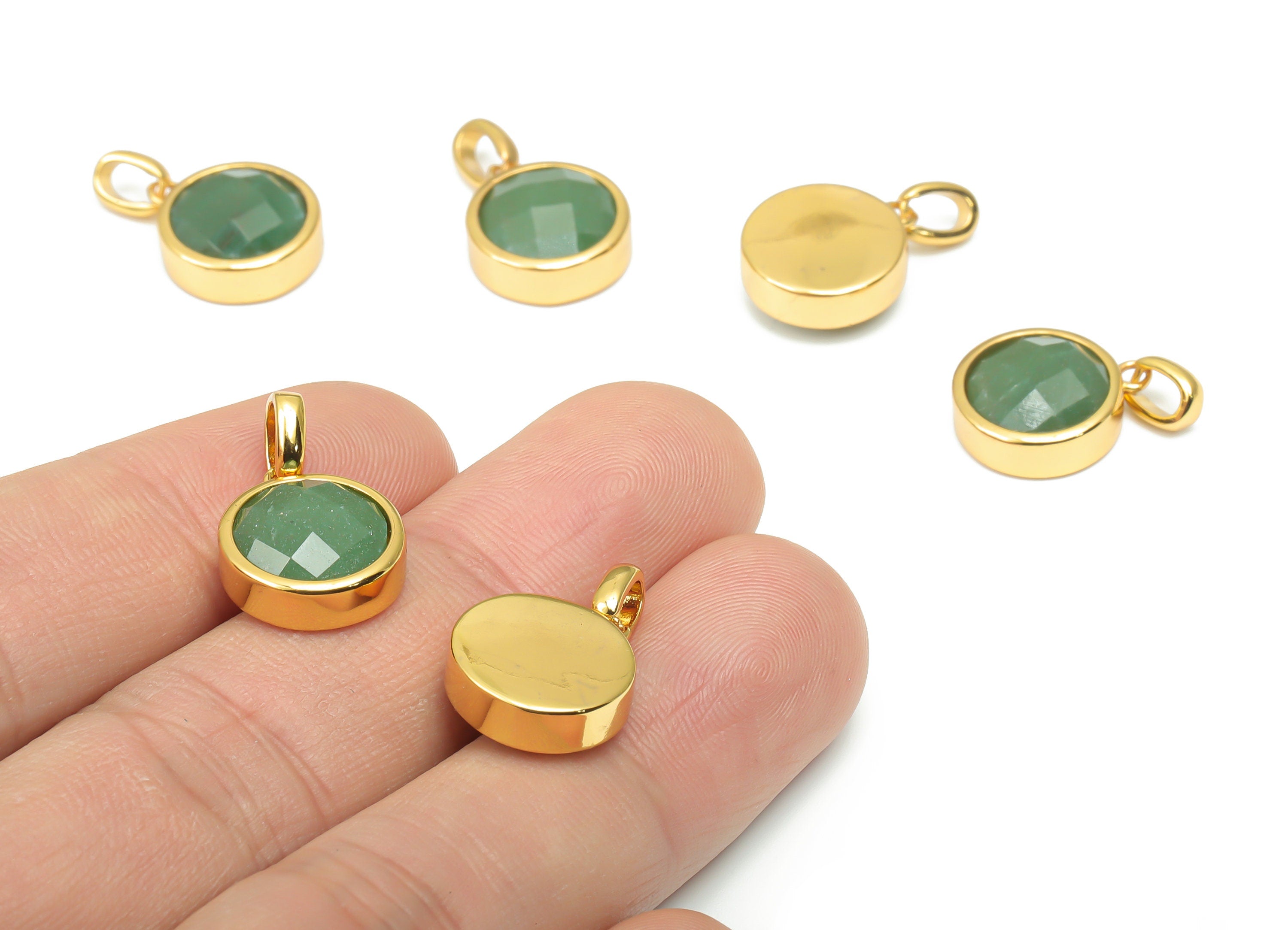 Green Aventurine Natural Stone Faceted Round Charms With Loop - Brass Circle Pendant - Gold Tone Plated Brass – 20.07x12.71x5.9mm – NS1666F - DOMEDBAZAAR