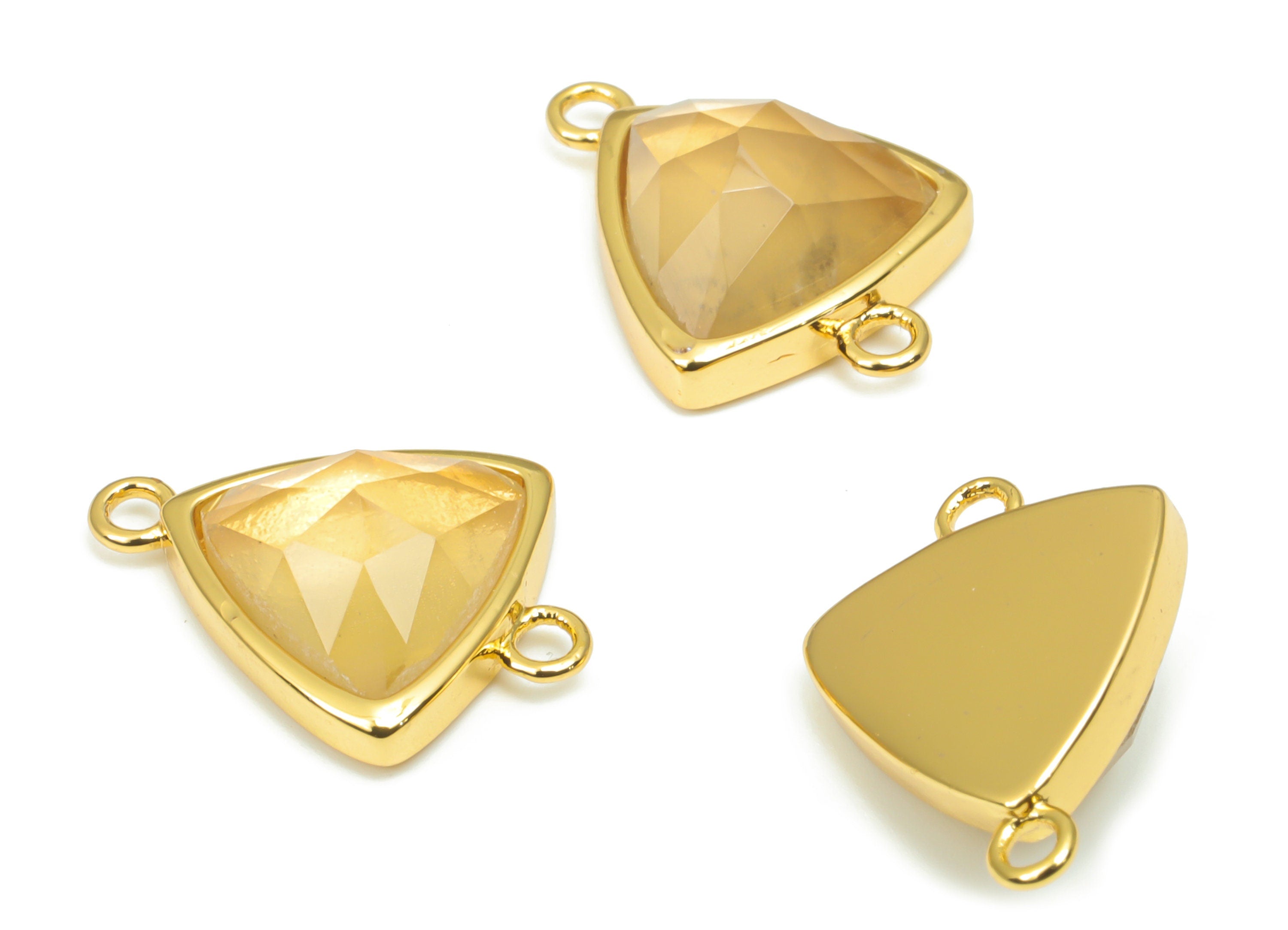 Lemon Citrine Faceted Triangle Connector - 11mm Natural Stone - Brass Triangle Charm - Gold Tone Plated Brass – 17x12.3x5.7mm–NS1669K - DOMEDBAZAAR