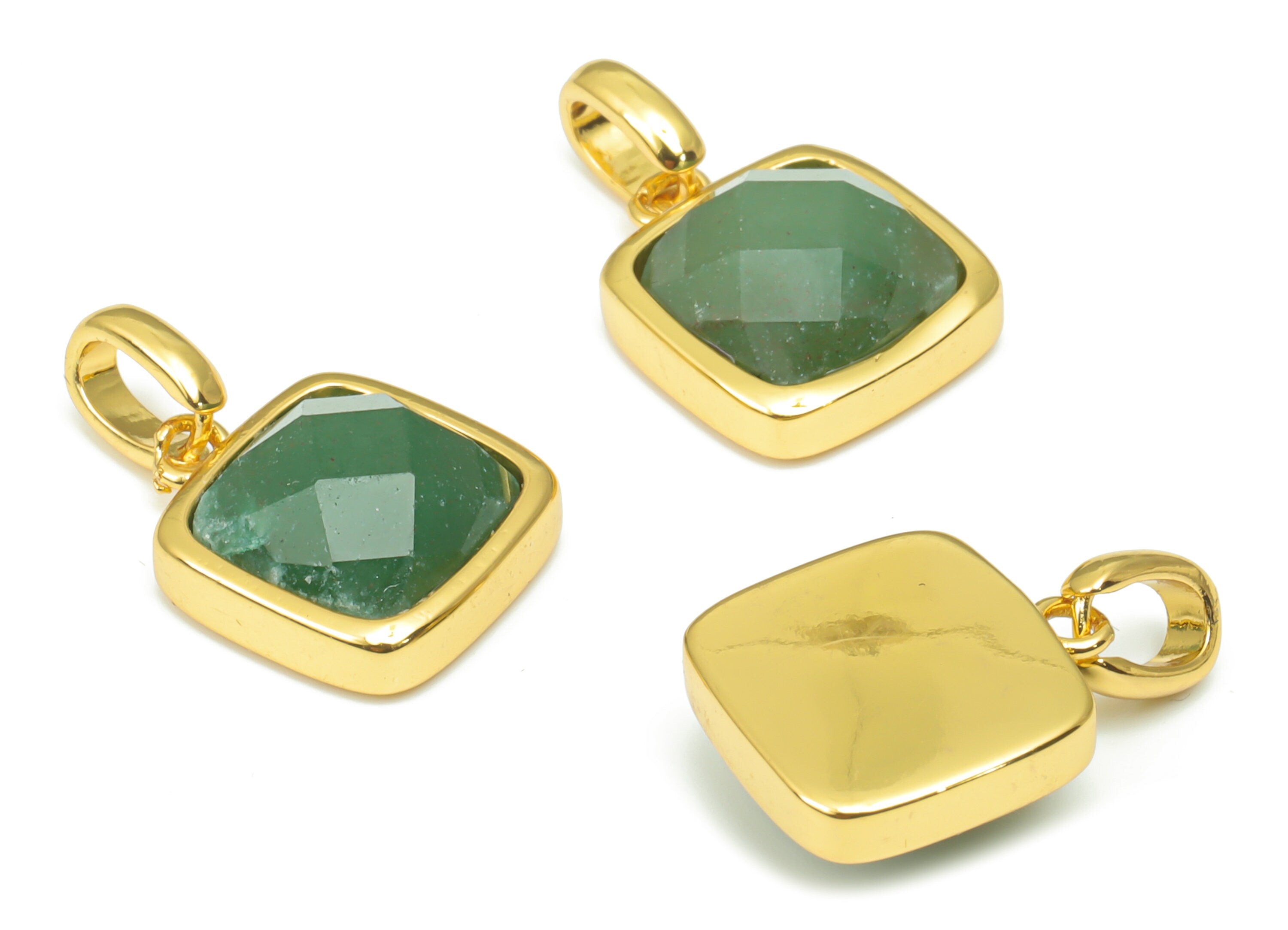 Aventurine Faceted Square Earring Charms - 11mm Natural Stone - Brass Square Pendant - Gold Tone Plated Brass – 18.84x11.65x5.75mm – NS1672G - DOMEDBAZAAR