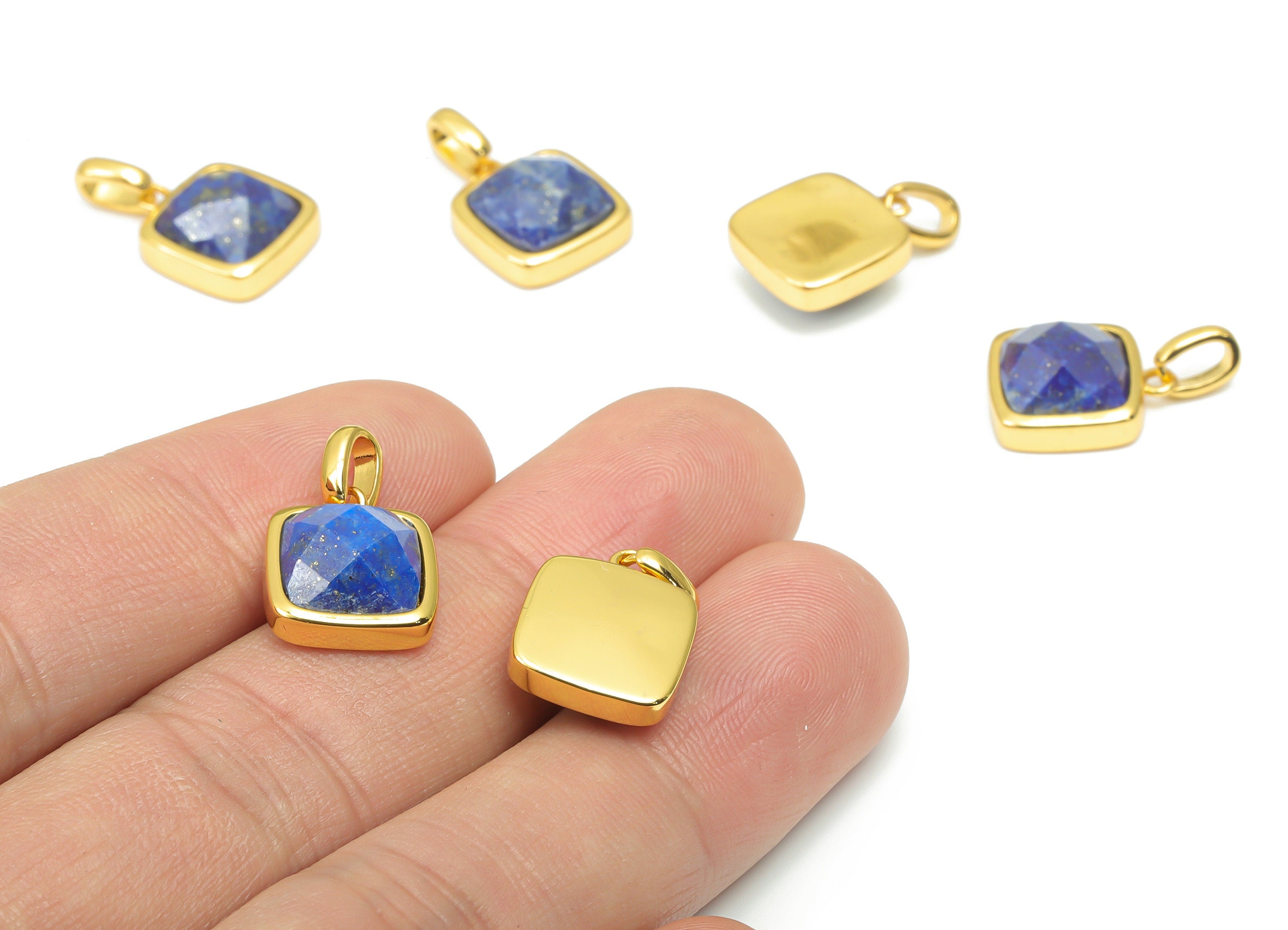 Lapis Lazuli Faceted Square Earring Charms - 11mm Natural Stone - Brass Square Pendant - Gold Tone Plated Brass – 18.84x11.7x5.8mm – NS1672A - DOMEDBAZAAR