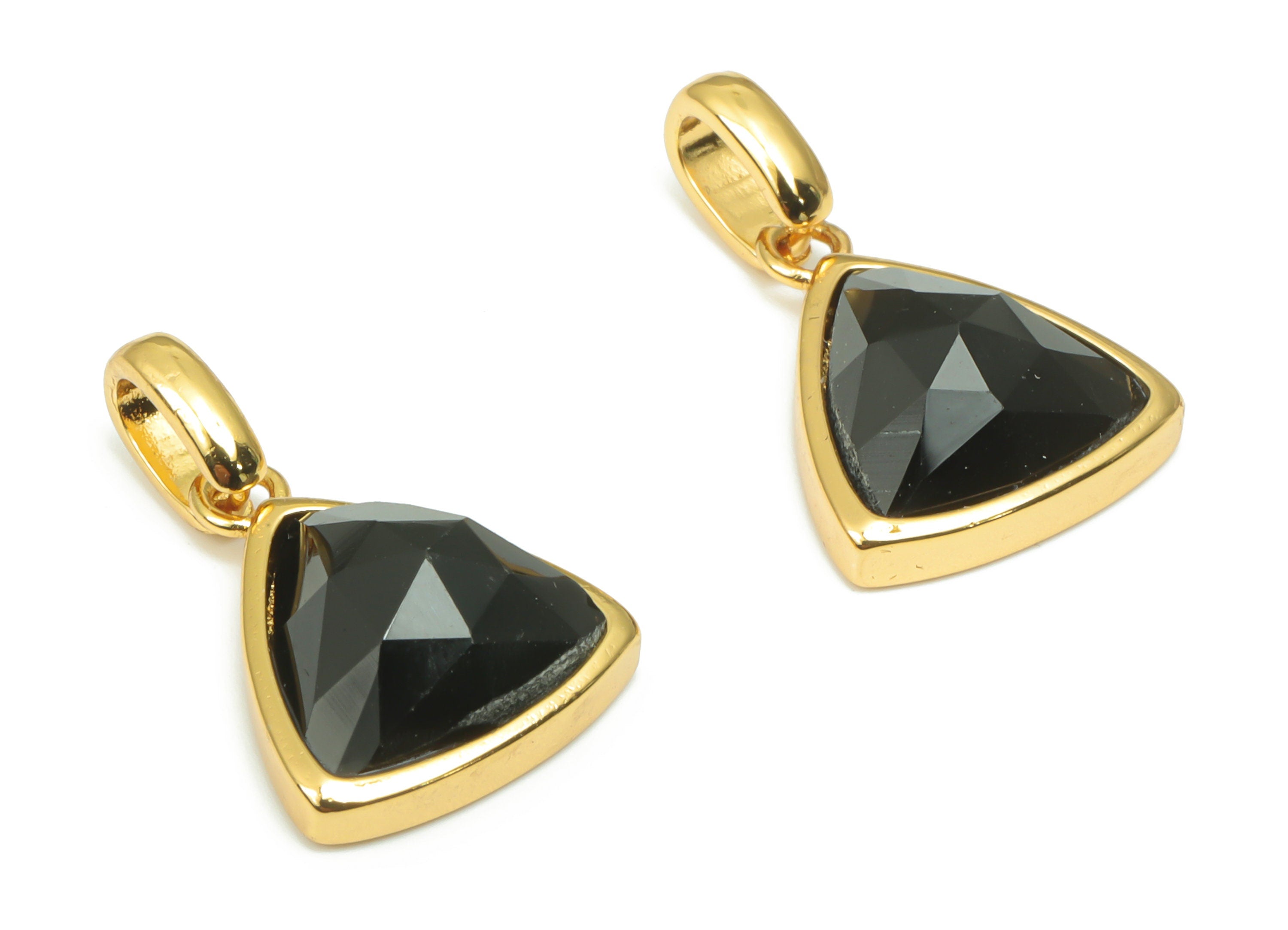 Obsidian Faceted Triangle Charms With Loop - 11mm Natural Stone - Brass Triangle Pendant - Gold Tone Plated Brass – 19.5x12.4x5.7mm– NS1668C - DOMEDBAZAAR