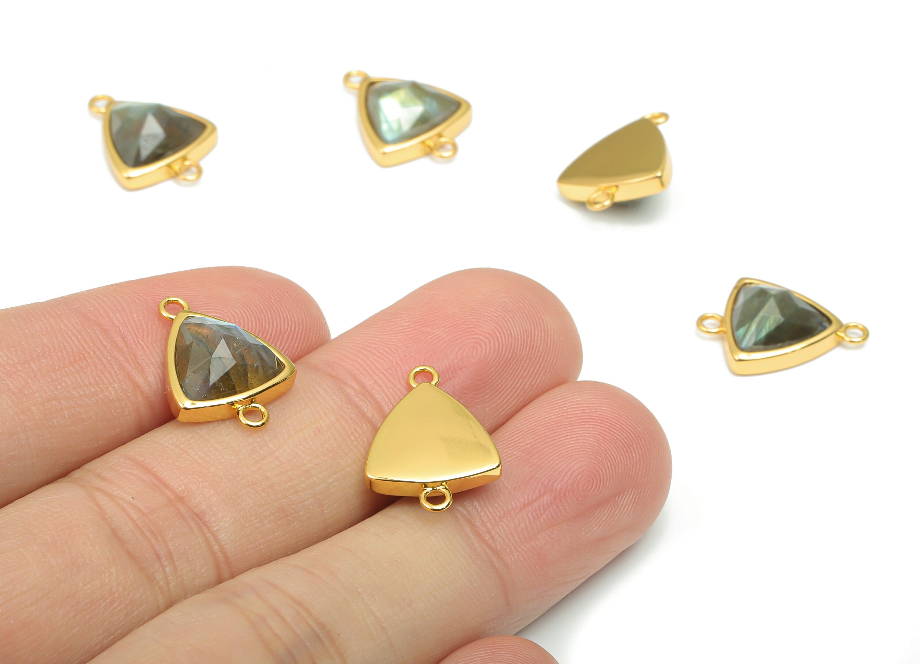 Labradorite Faceted Triangle Connector - 11mm Natural Stone - Brass Triangle Charm - Gold Tone Plated Brass – 16.9x12.3x5.7mm– NS1669L - DOMEDBAZAAR