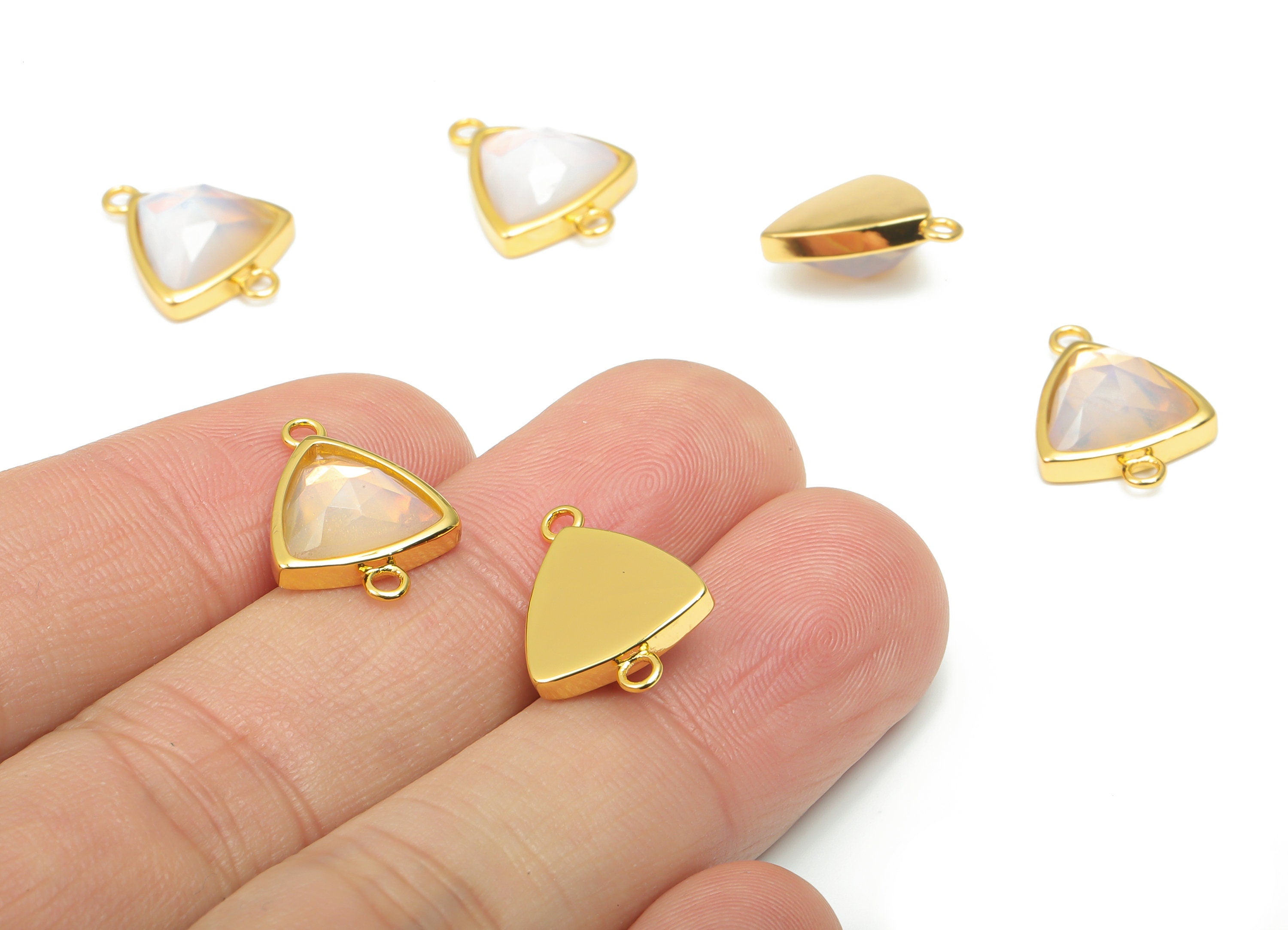 Opalite Faceted Triangle Connectors - 11mm Natural Stone - Brass Triangle Charms - Gold Tone Plated Brass – 16.89x12.29x5.7mm – NS1669E - DOMEDBAZAAR
