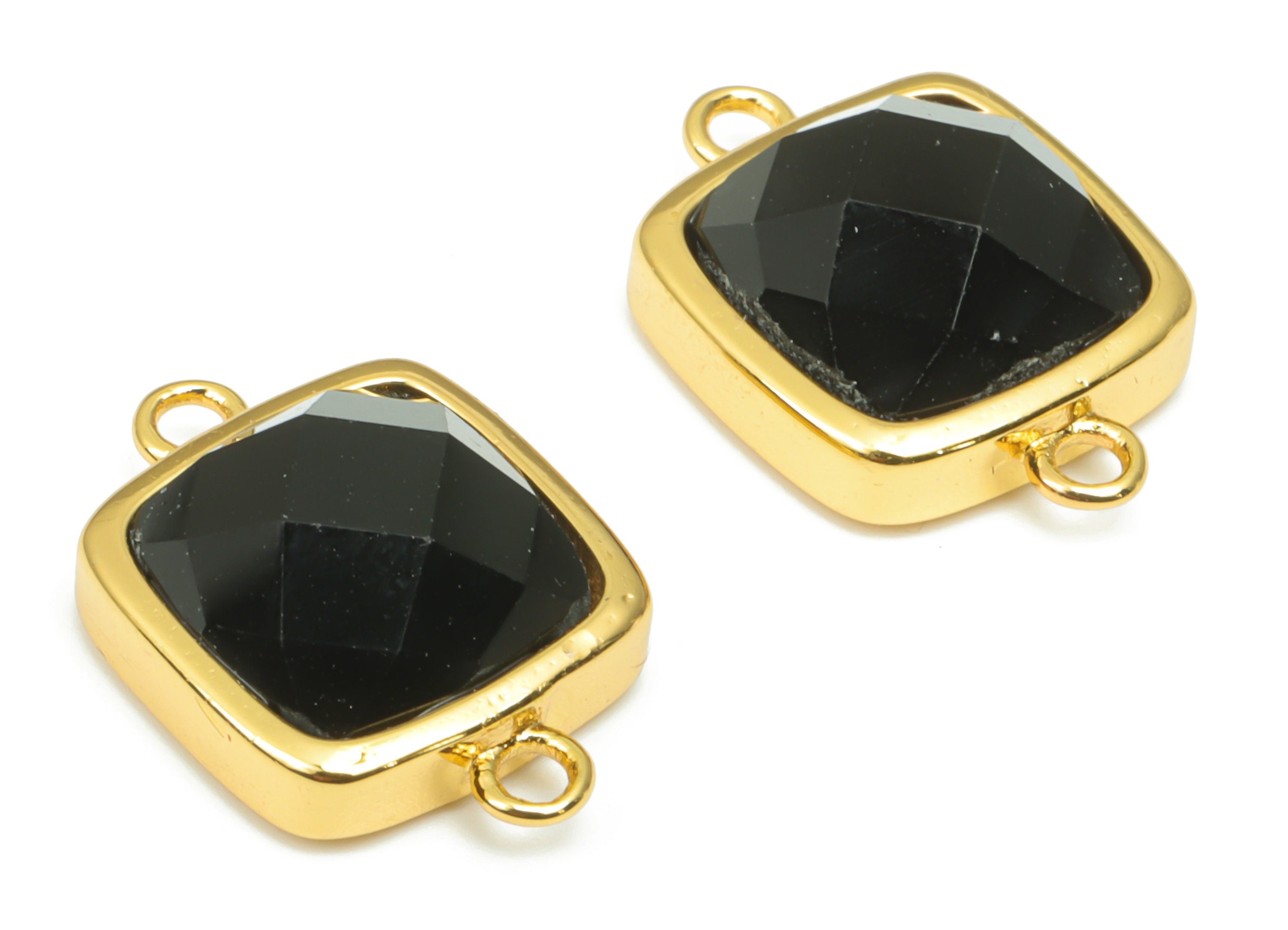 Obsidian Faceted Square Earring Connectors - 11mm Natural Stone - Brass Square Charms - Gold Tone Plated Brass – 16.5x11.44x5.86mm – NS1673C - DOMEDBAZAAR