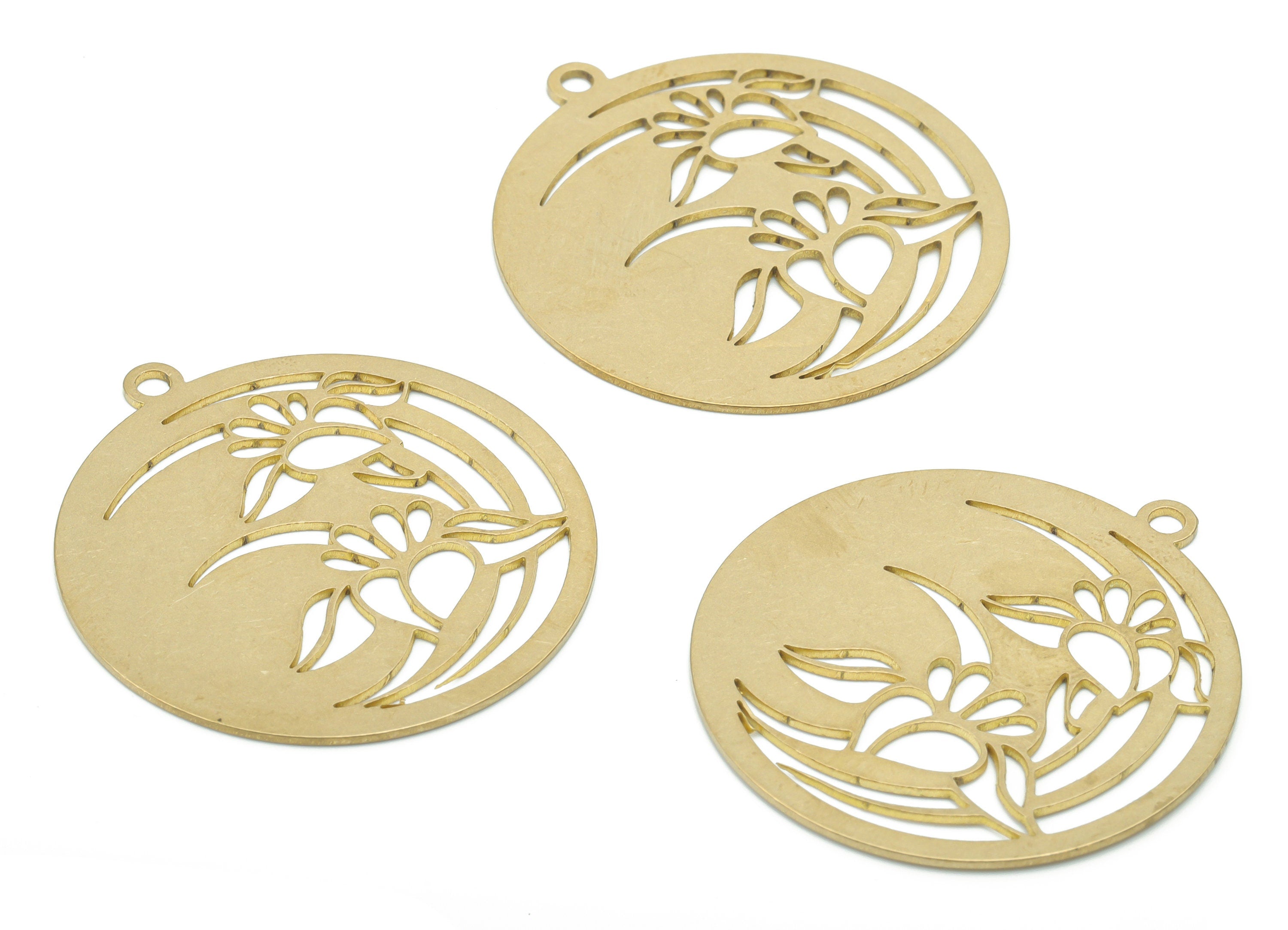 Brass Round Crescent Earring Charms - Raw Brass Moon Flower Circle Pendant - DIY Jewelry Making Supplies - 34.65x31.83x0.64mm - PPA2813 - DOMEDBAZAAR