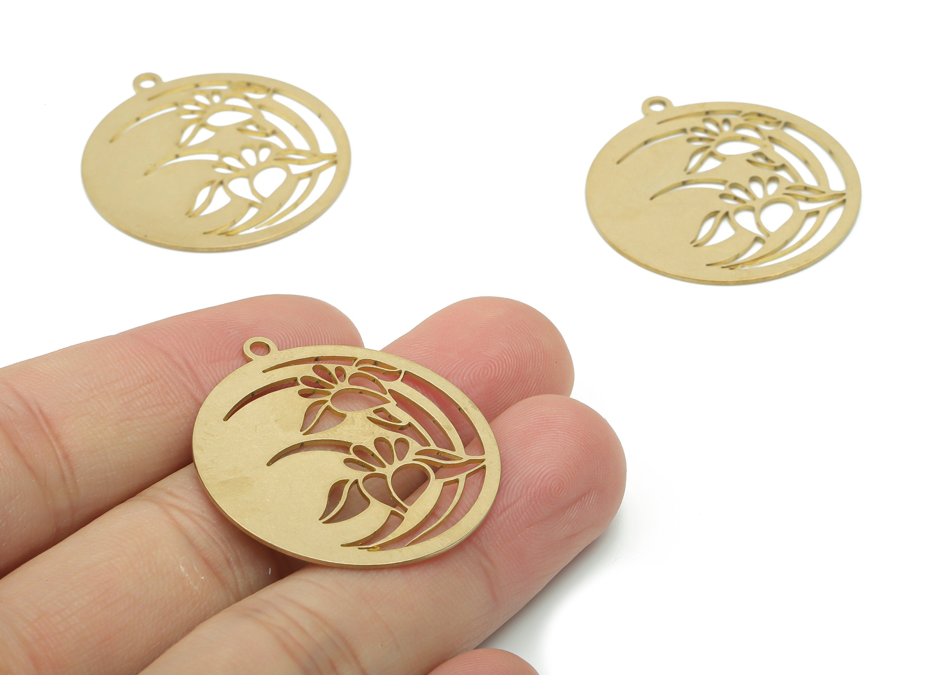 Brass Round Crescent Earring Charms - Raw Brass Moon Flower Circle Pendant - DIY Jewelry Making Supplies - 34.65x31.83x0.64mm - PPA2813 - DOMEDBAZAAR