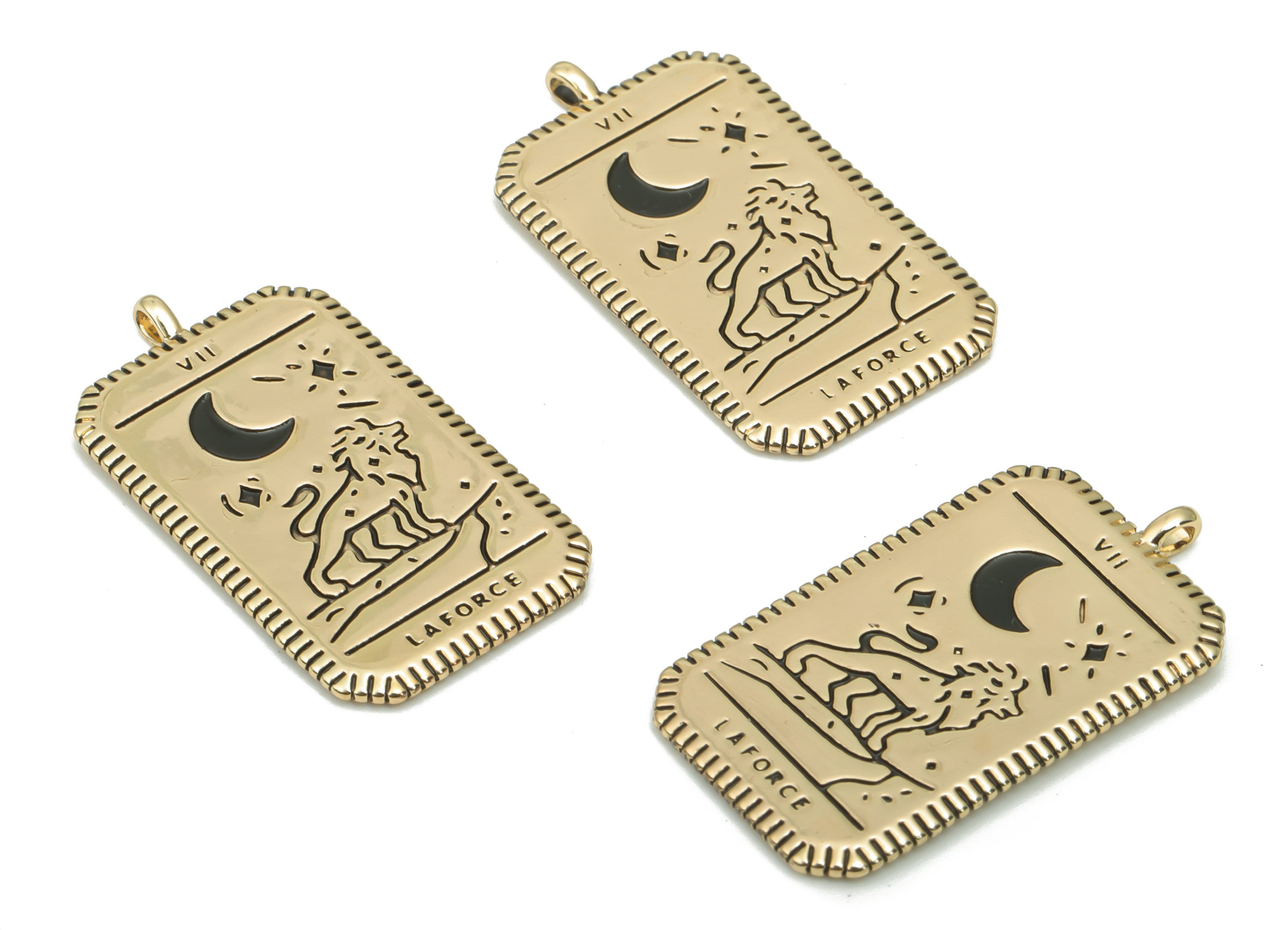 Brass Rectangle Planet Crescent Earring Charms - Enamel Lion Moon Star Pendant - 18K Real Gold Plating - 27.63x15.08x1.26mm - RGP4350A - DOMEDBAZAAR