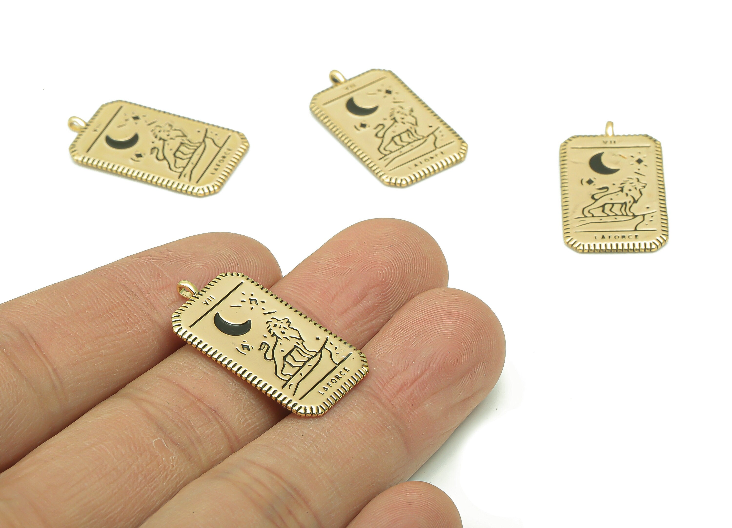 Brass Rectangle Planet Crescent Earring Charms - Enamel Lion Moon Star Pendant - 18K Real Gold Plating - 27.63x15.08x1.26mm - RGP4350A - DOMEDBAZAAR