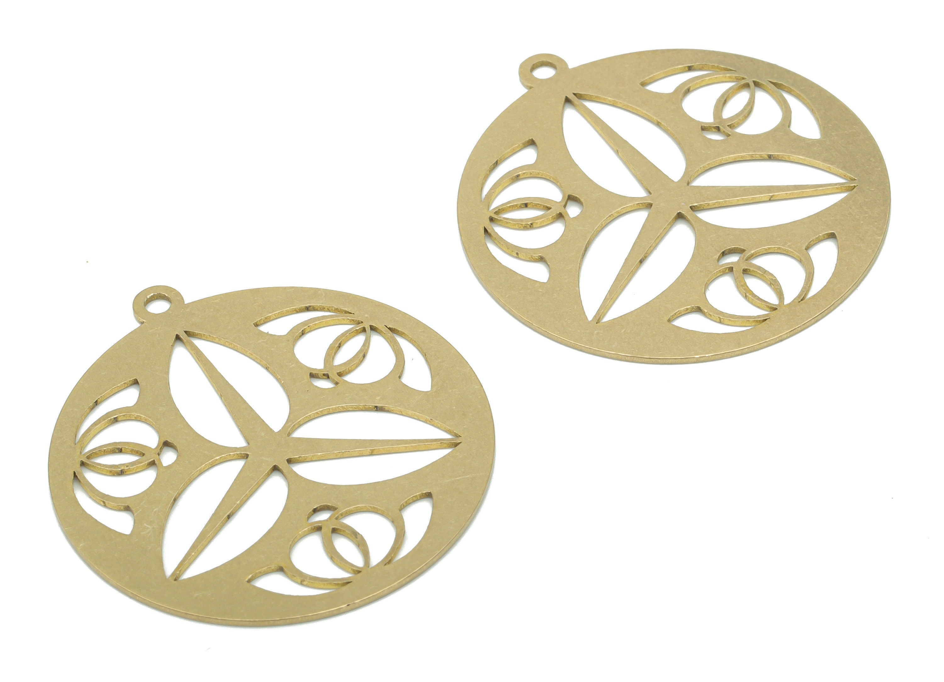 Brass Round Lotus Earring Charms - Raw Brass Leaves Circle Pendant - DIY Jewelry Making Supplies - 34.87x31.86x0.65mm - PPA2805 - DOMEDBAZAAR